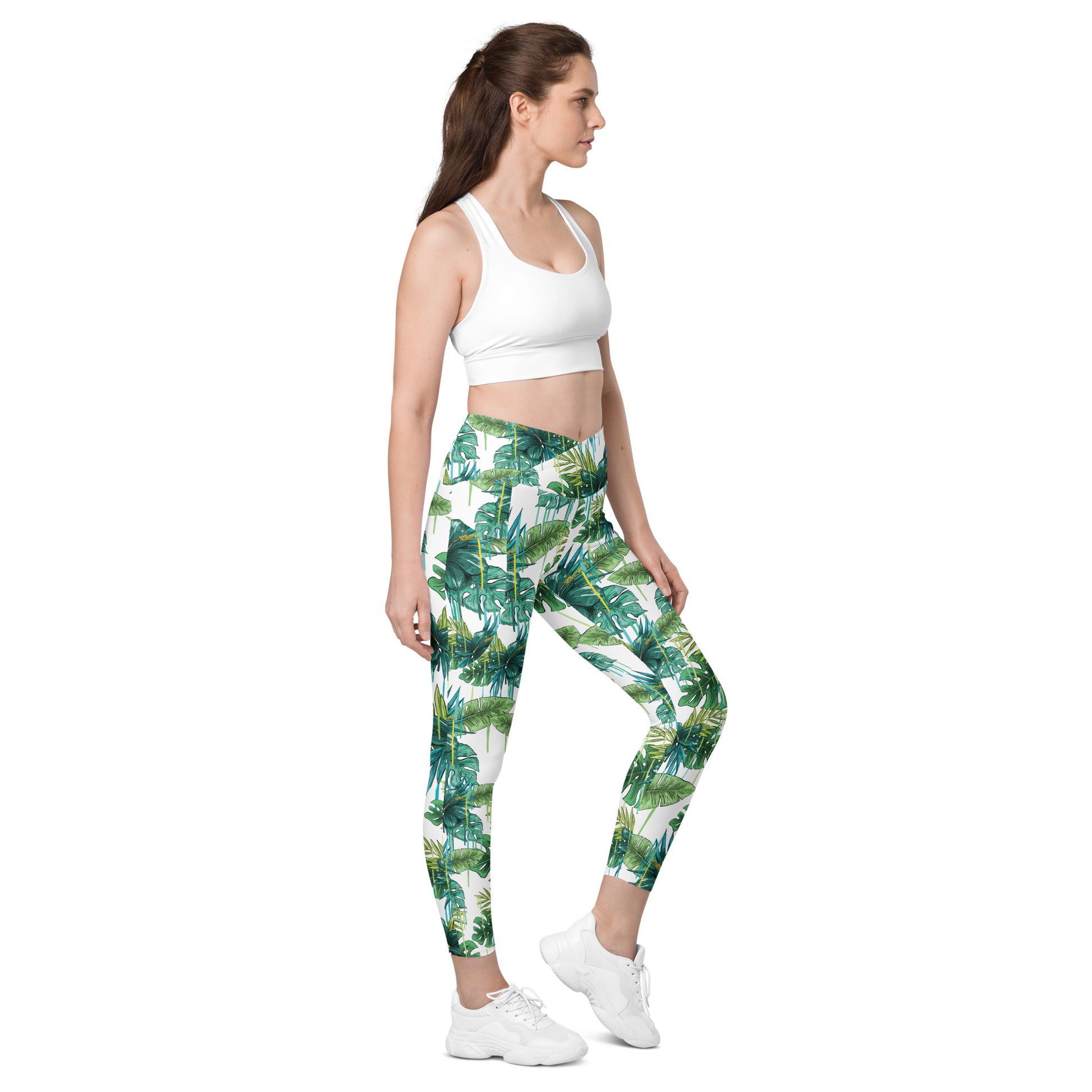 Green Plants Crossover leggings with pockets