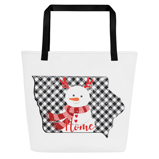 Iowa Gingham Snowman All-Over Print Large Tote Bag