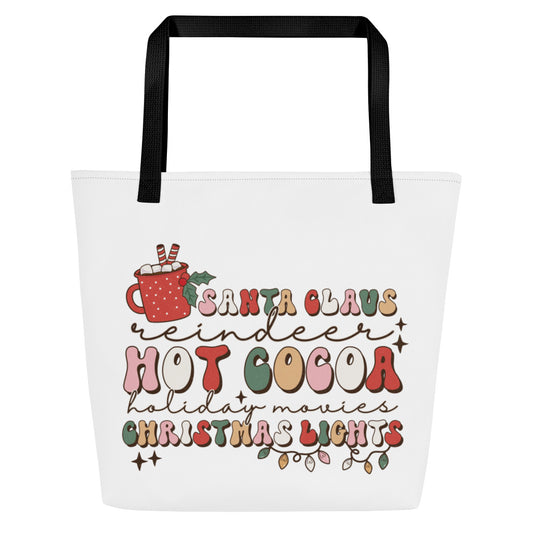 Santa Claus Reindeer Hot Cocoa Holiday Movies Christmas Lights All-Over Print Large Tote Bag