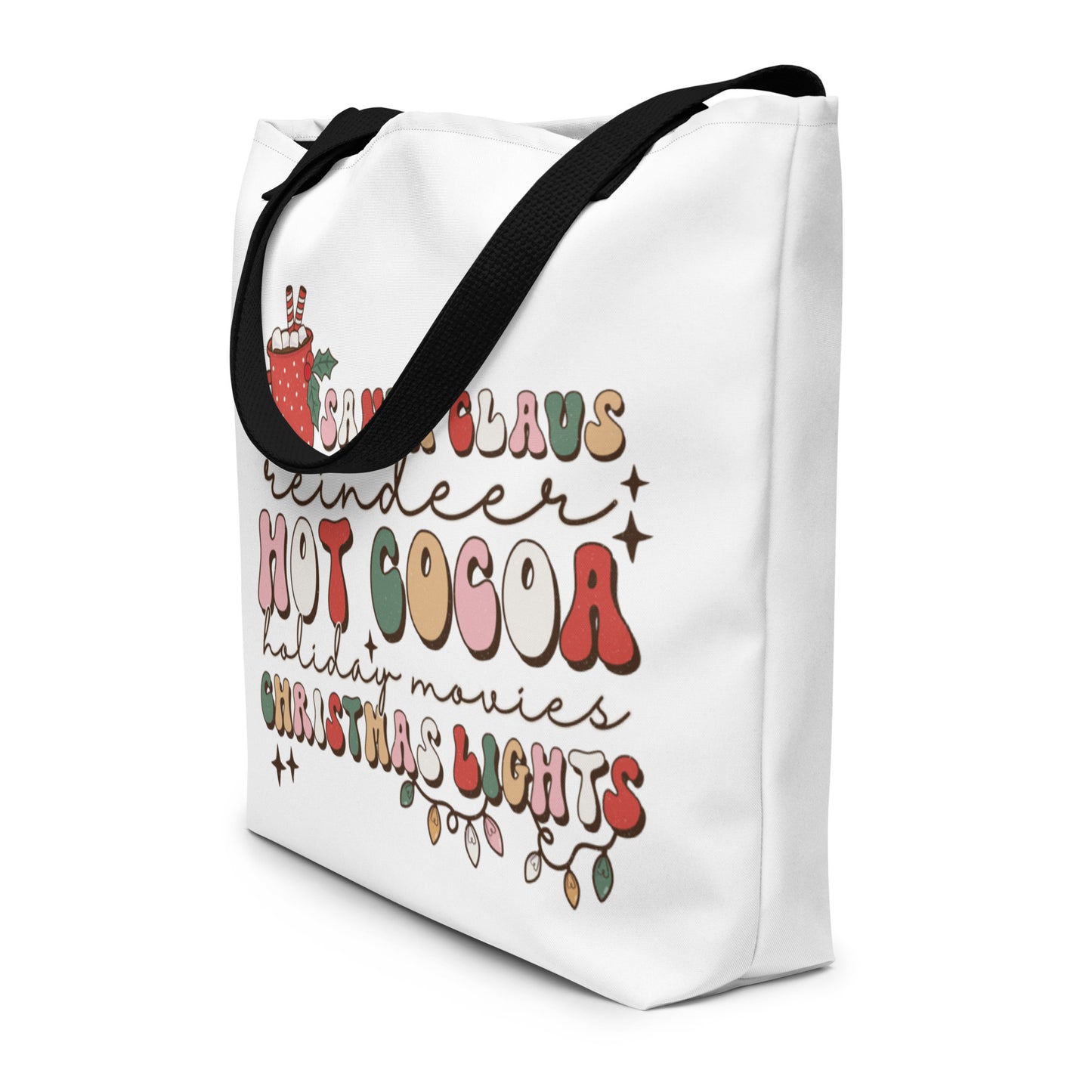 Santa Claus Reindeer Hot Cocoa Holiday Movies Christmas Lights All-Over Print Large Tote Bag