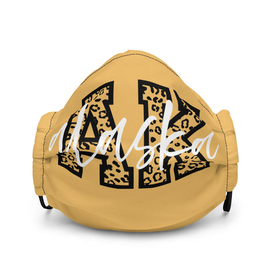 Alaska AK Leopard Print Letters White Script Premium Face Mask