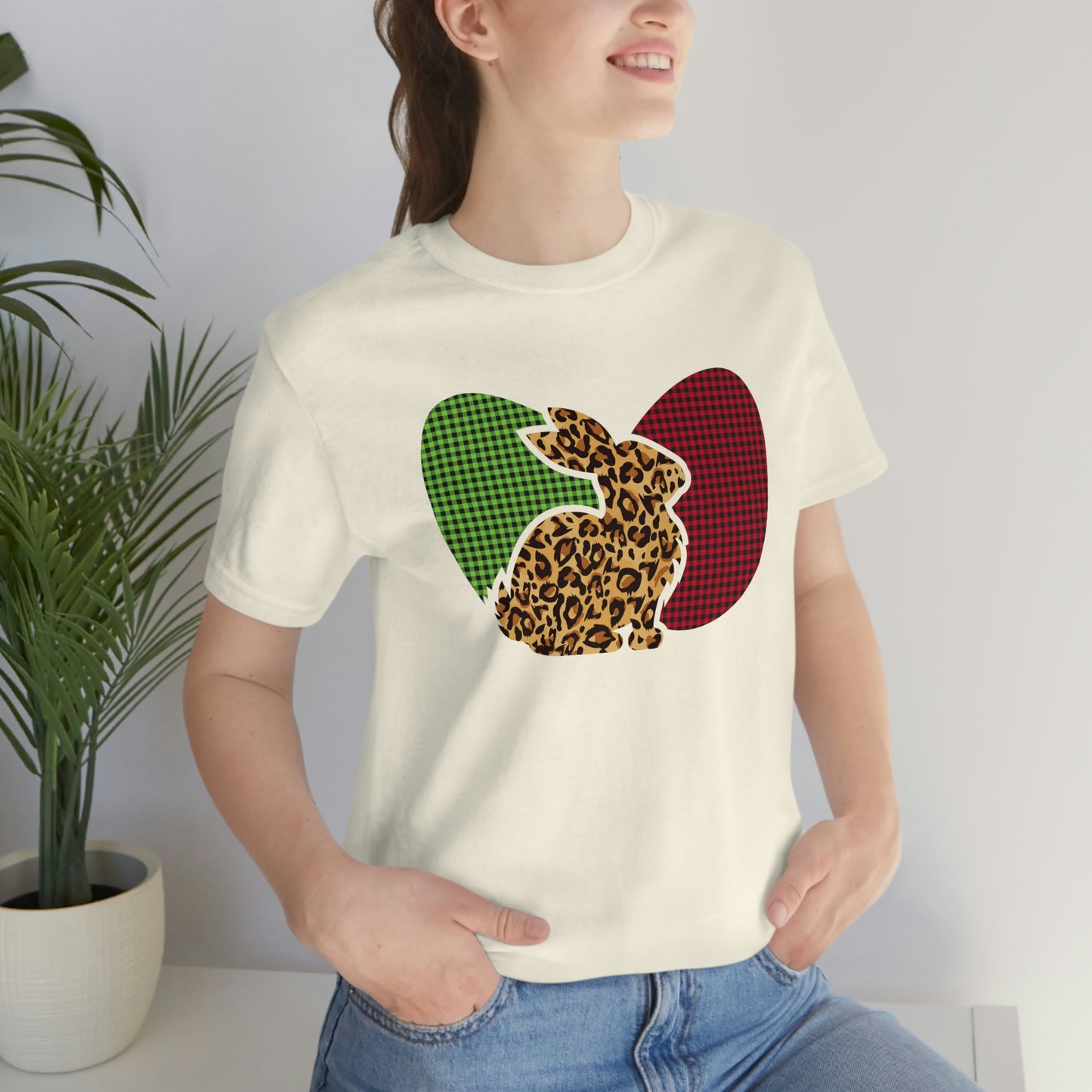 Leopard Print Plaid Eggs Easter Spring Print Unisex Jersey Short Sleeve Tee