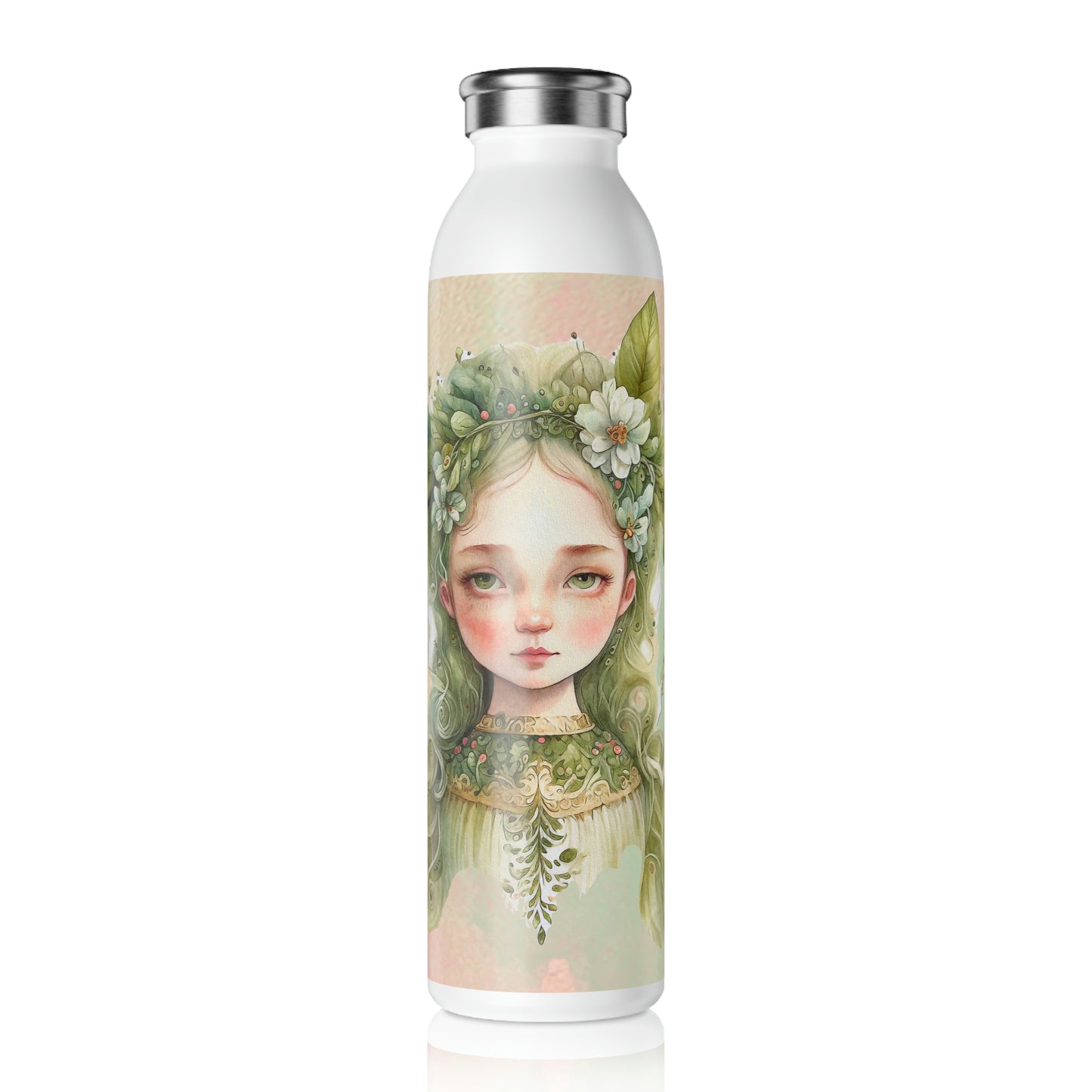 Girl Spring Flowers Watercolor Slim Water Bottle