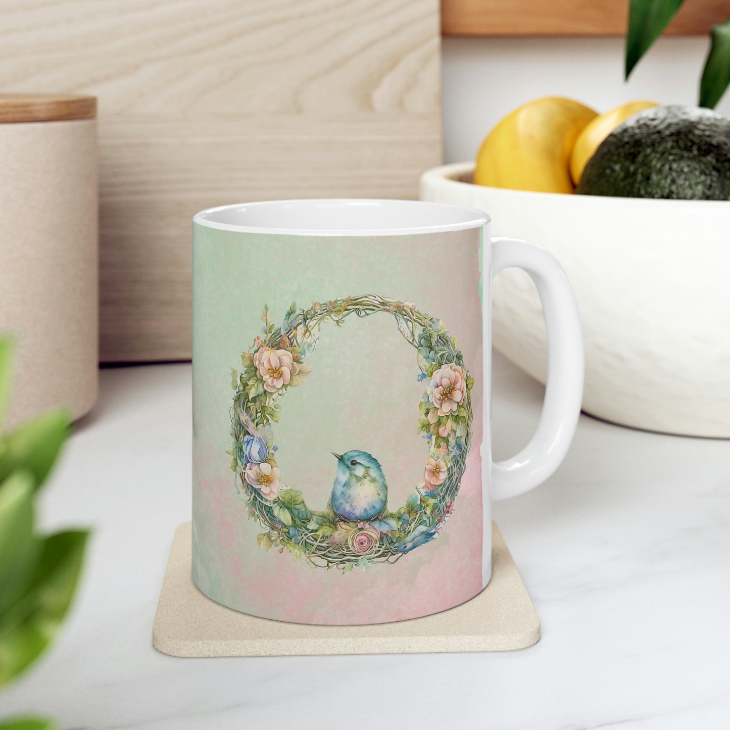 Bird in Wreath Watercolor Ceramic Mug 11oz