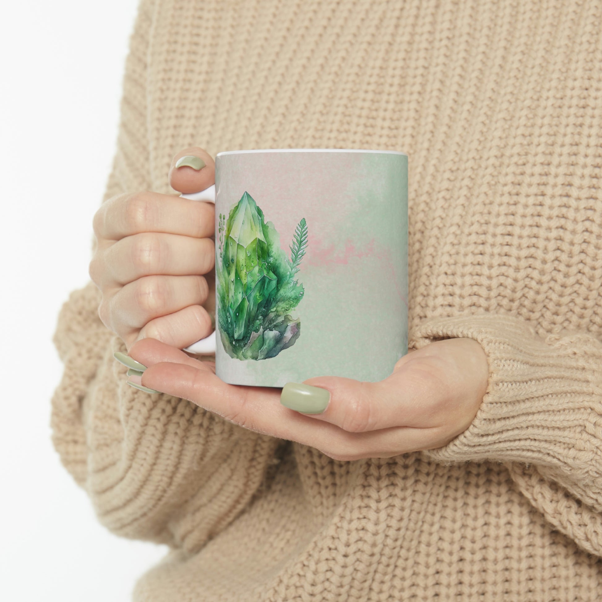 Green Crystal with Plants Watercolor Ceramic Mug 11oz