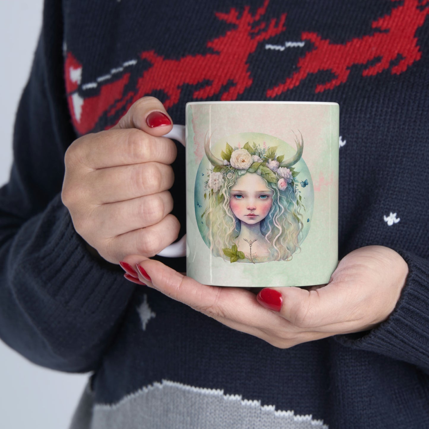 Girl in Spring Flowers Watercolor Ceramic Mug 11oz