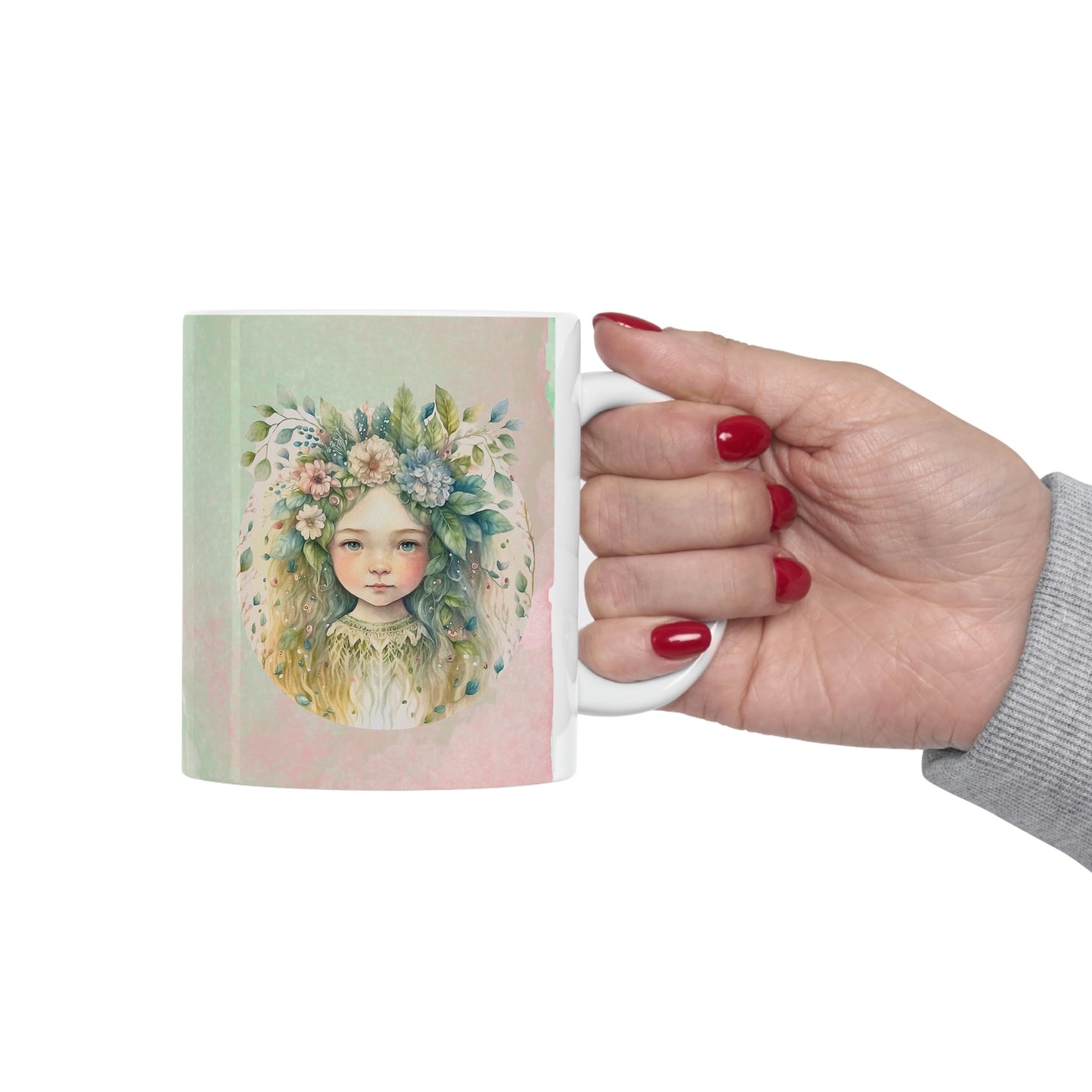 Girl in Spring Flowers Watercolor Ceramic Mug 11oz