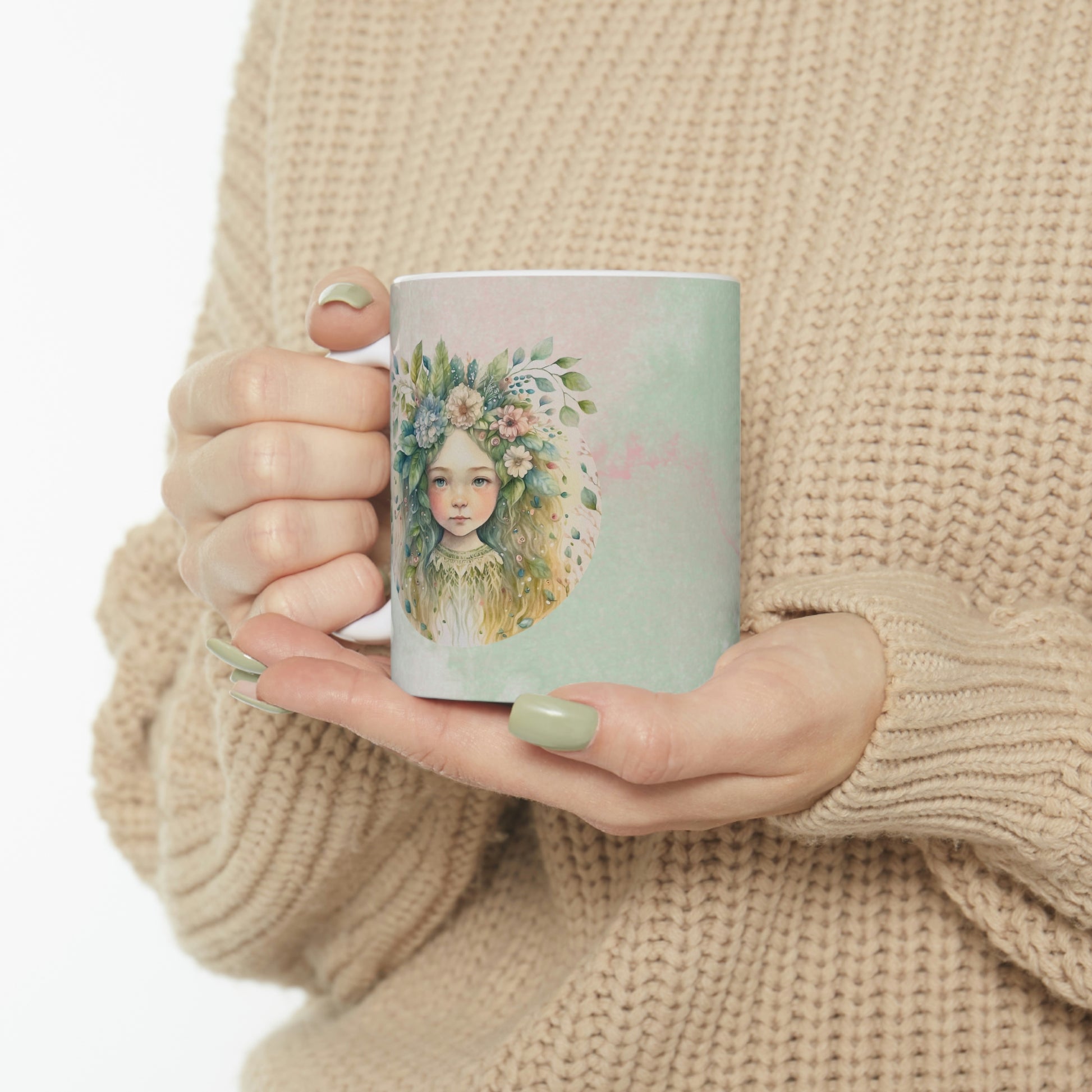 Girl in Spring Flowers Watercolor Ceramic Mug 11oz