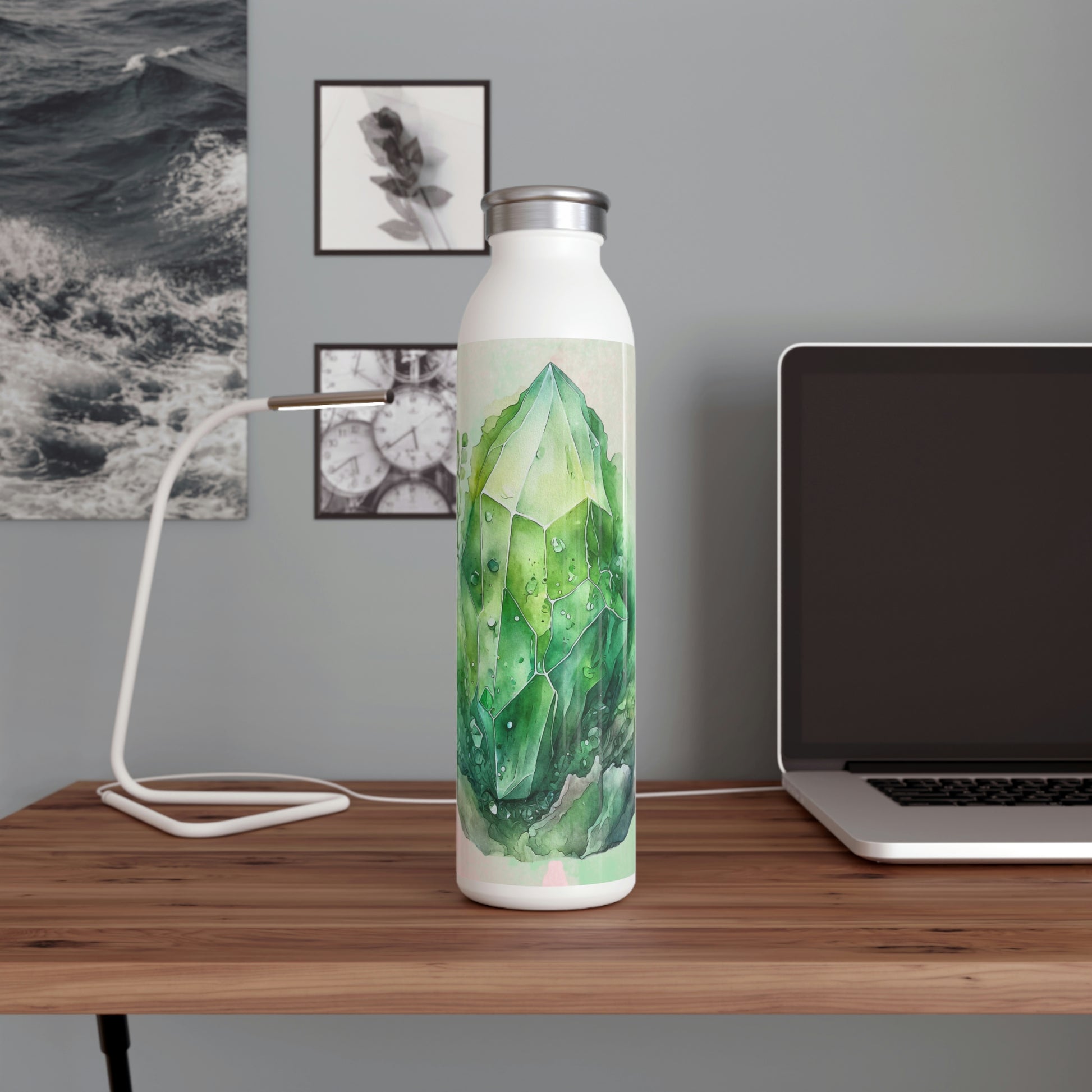 Green Crystal Spring Watercolor Slim Water Bottle