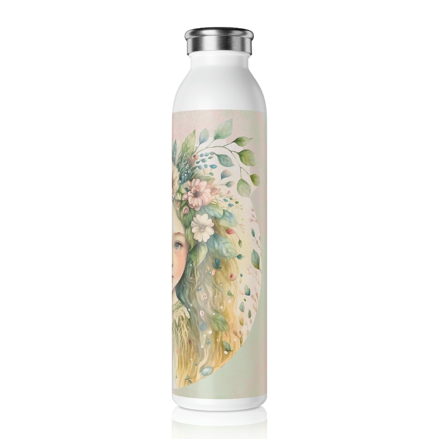 Girl Spring Flowers Watercolor Slim Water Bottle