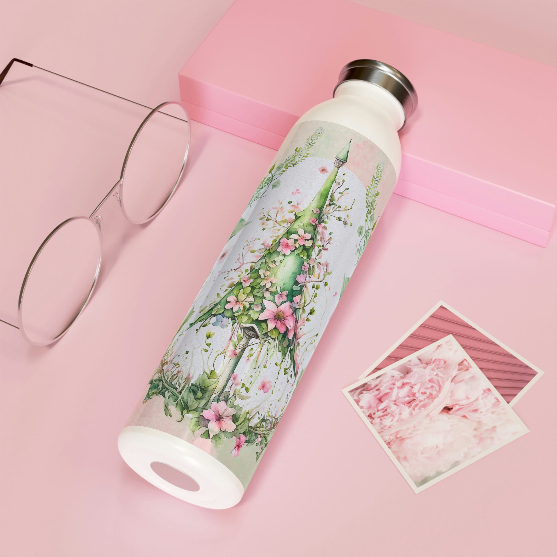 Spring Topiary Flowers Watercolor Slim Water Bottle