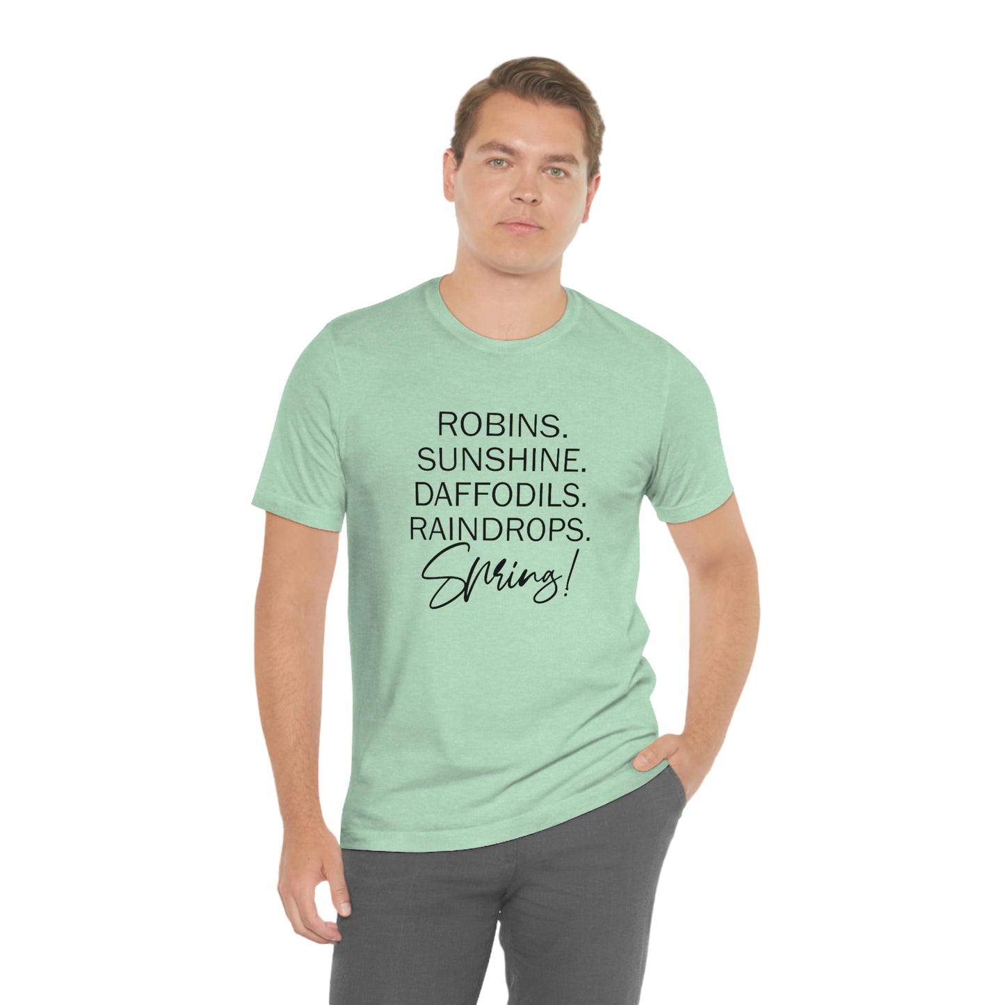 Robins. Sunshine. Daffodils. Raindrops. Spring! Unisex Jersey Short Sleeve Tee