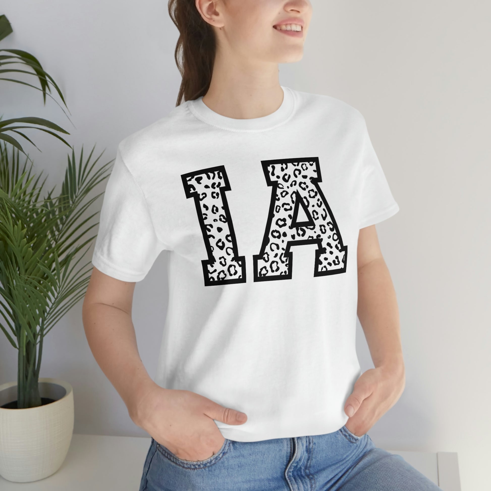 Iowa IA Leopard Print Letters Short Sleeve T-shirt