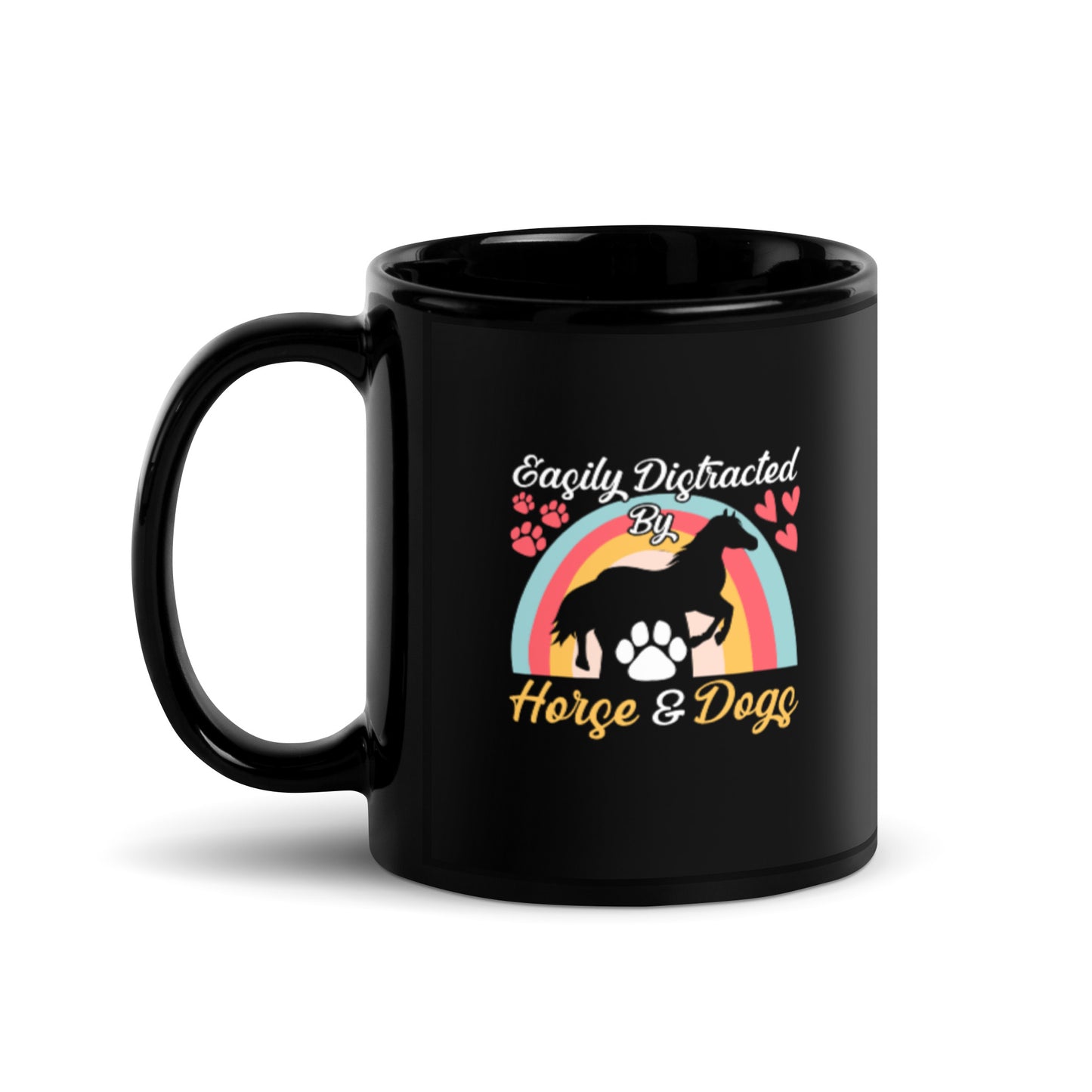 Easily Distracted by Horse & Dogs Black Glossy Mug