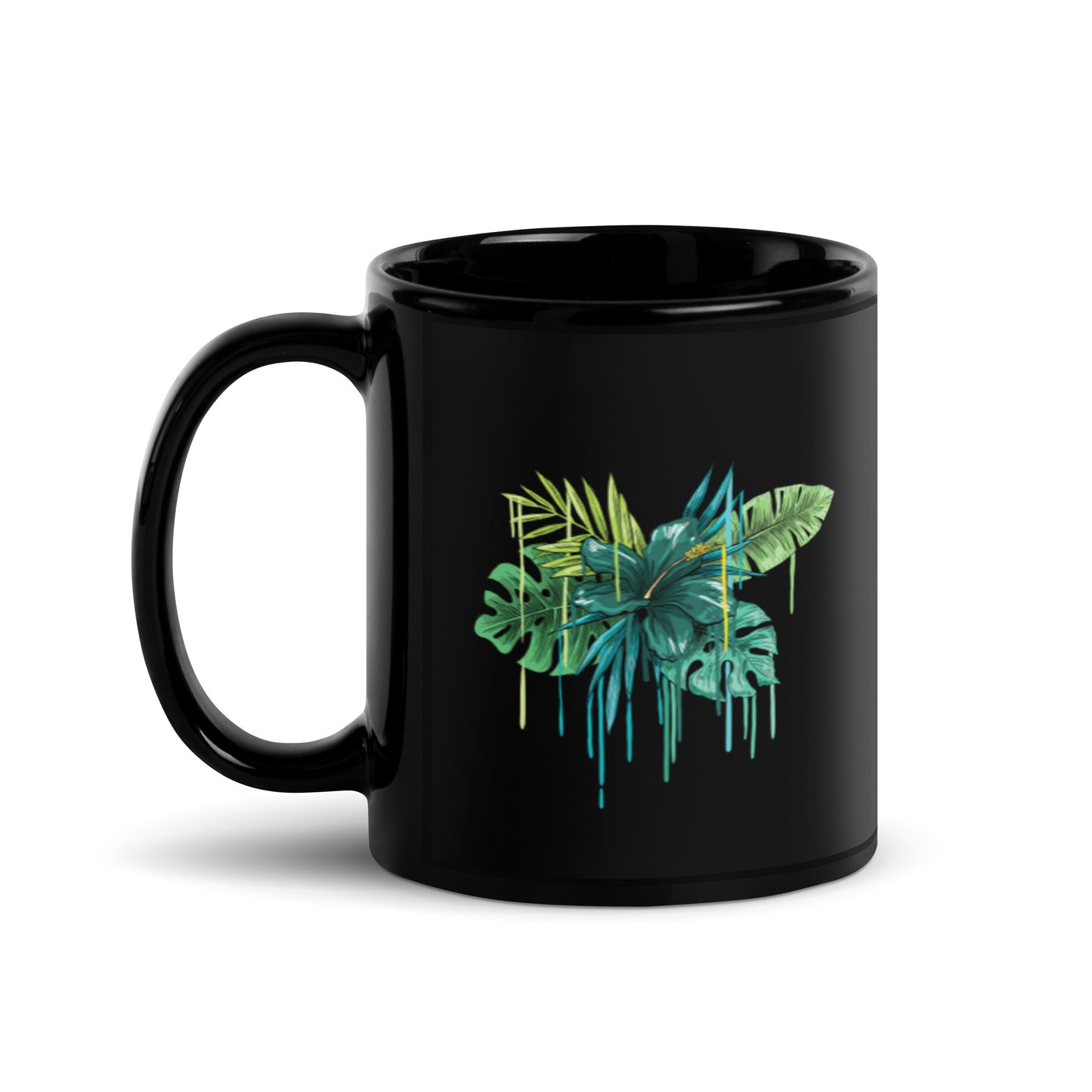 Green Flower Black Glossy Mug