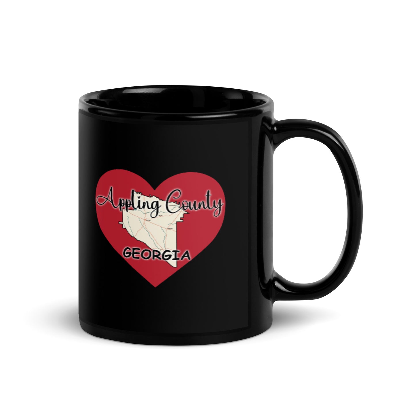 Appling County Map on Heart Black Glossy Ceramic Coffee Mug