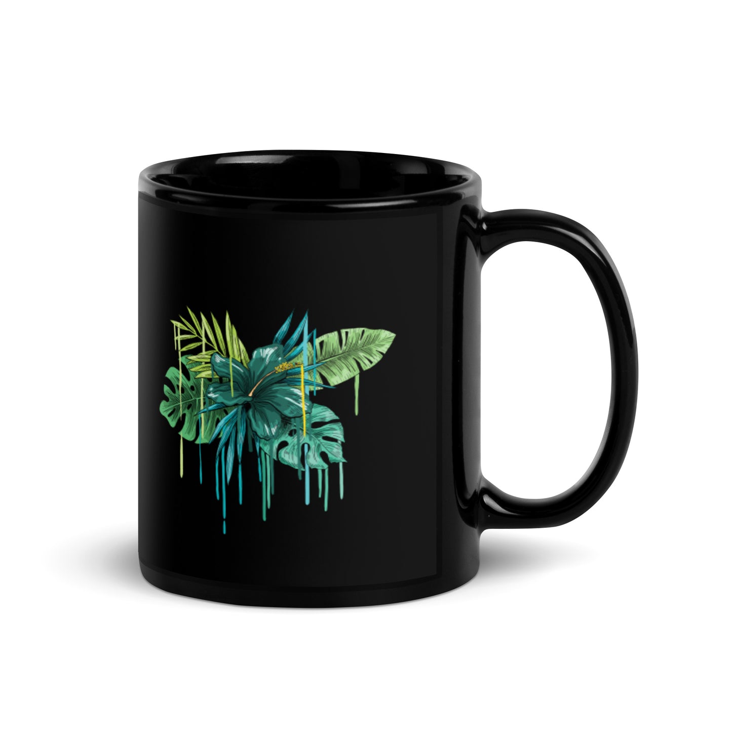 Green Flower Black Glossy Mug