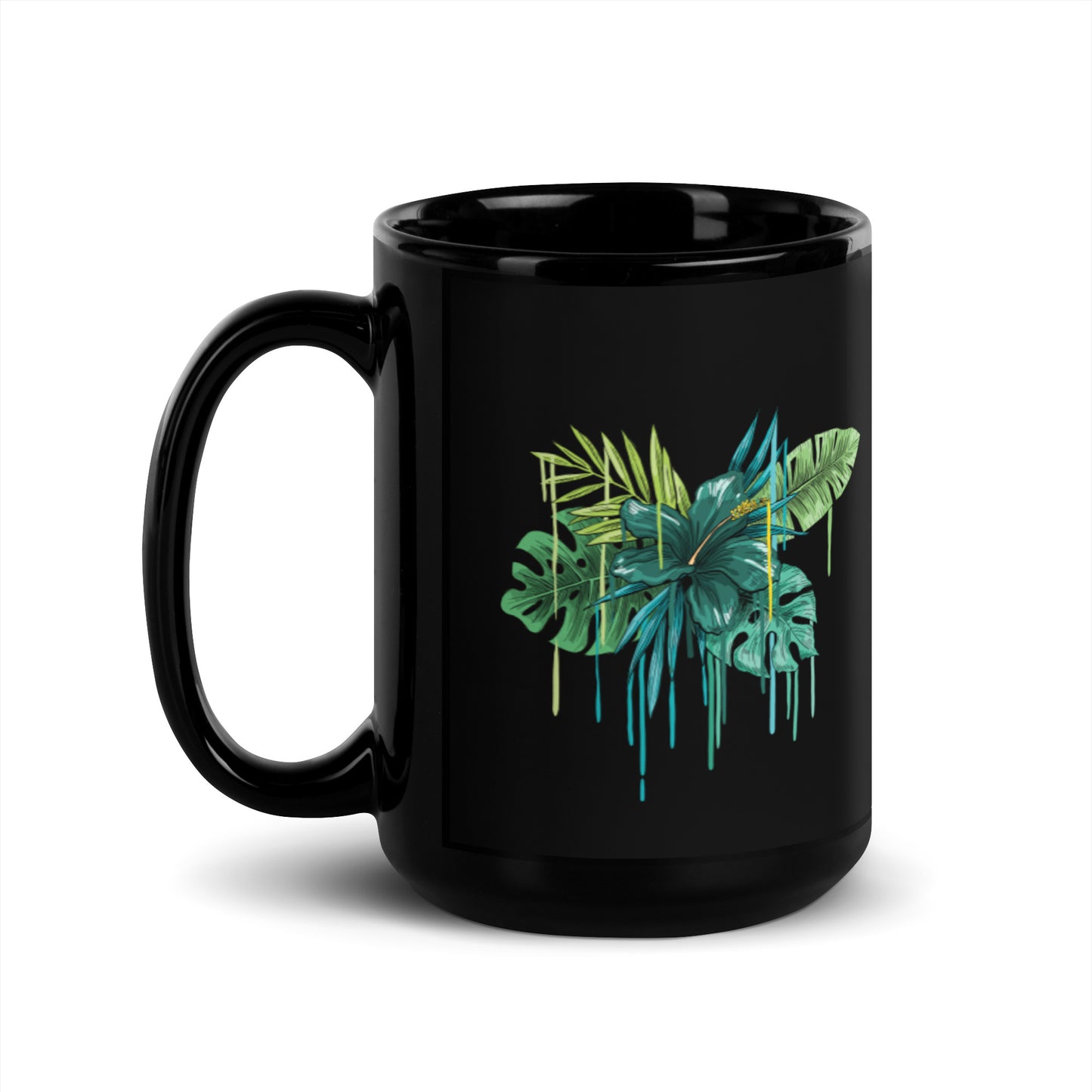 Green Flower Black Glossy Mug