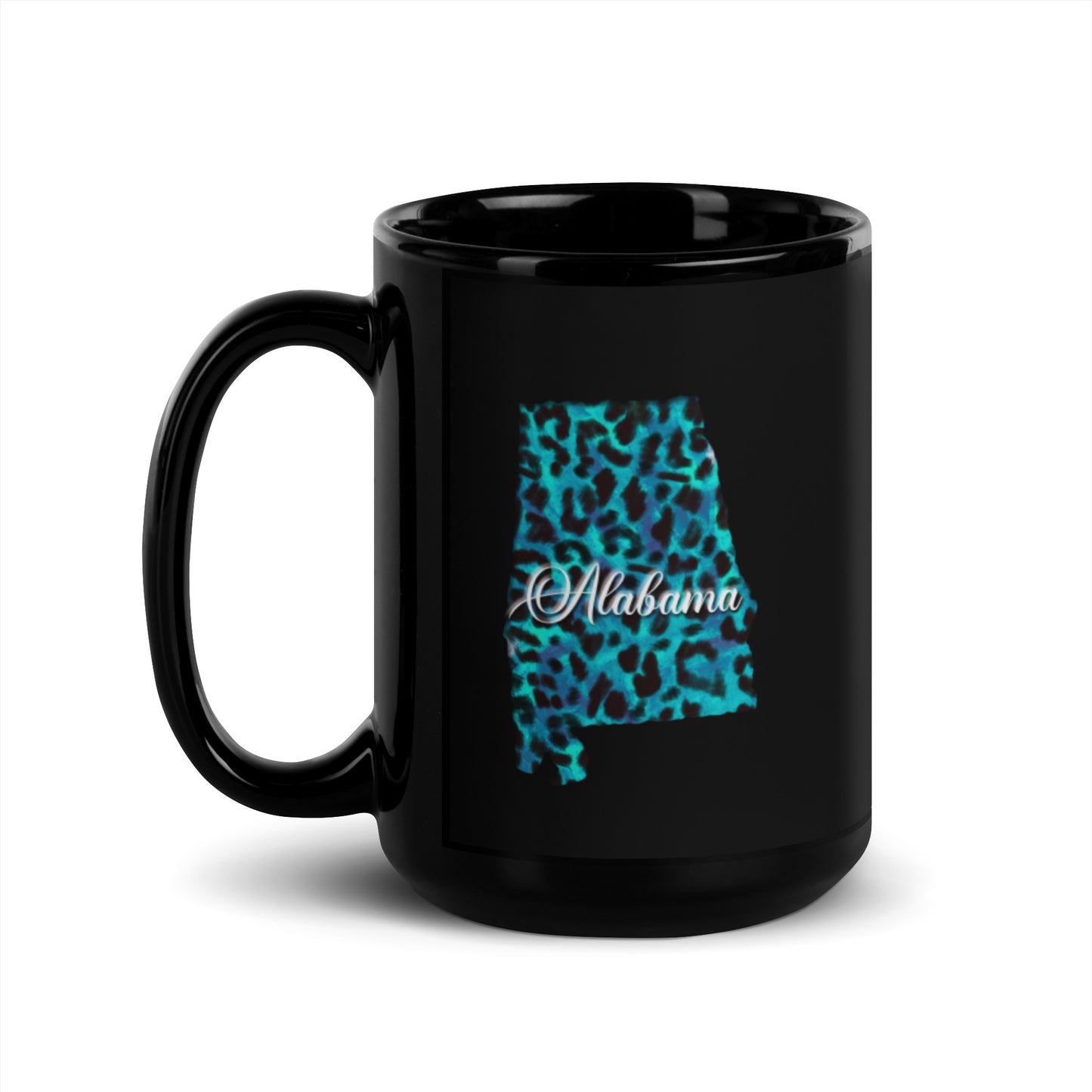 Alabama Blue Leopard Black Glossy Mug