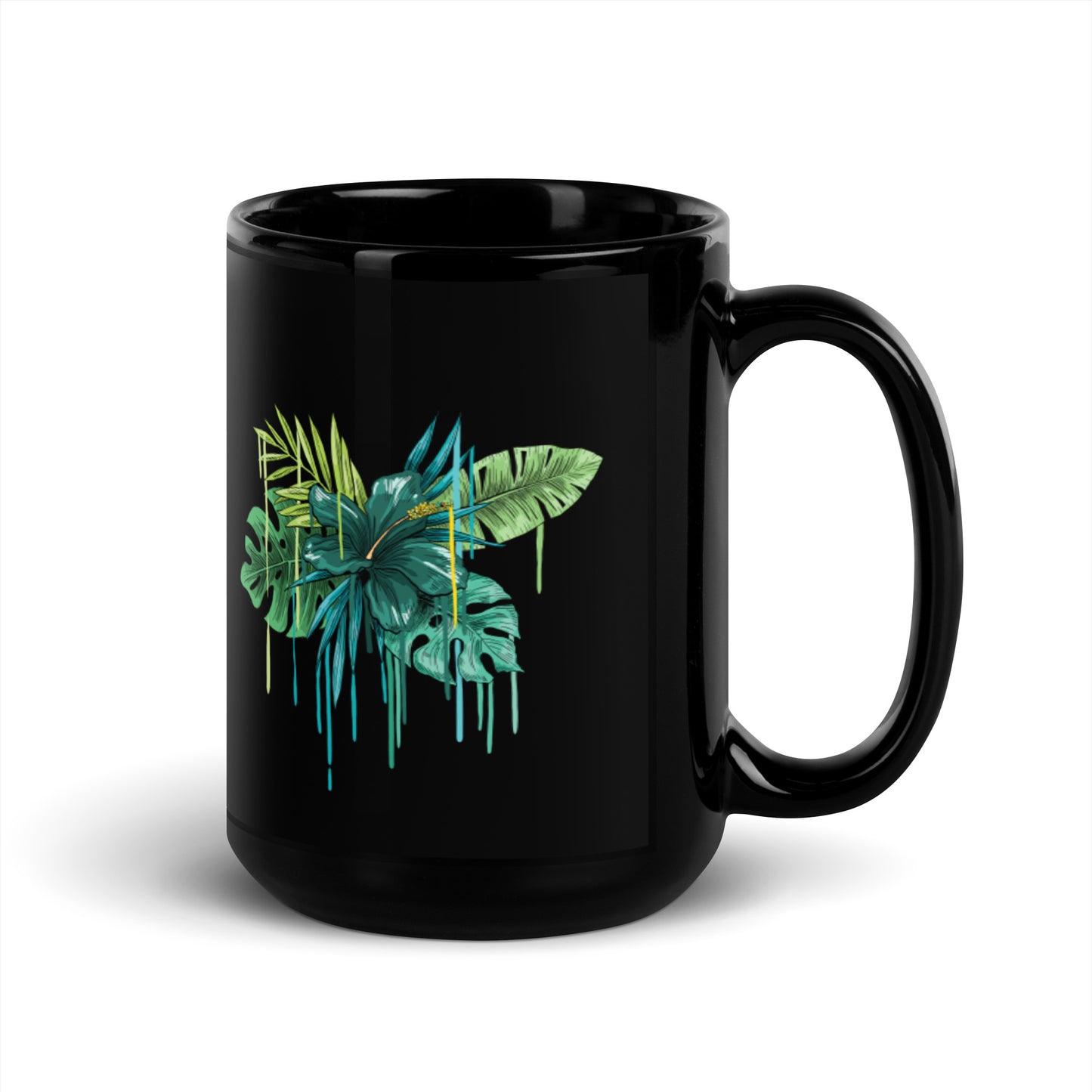 Green Flower Black Glossy Mug