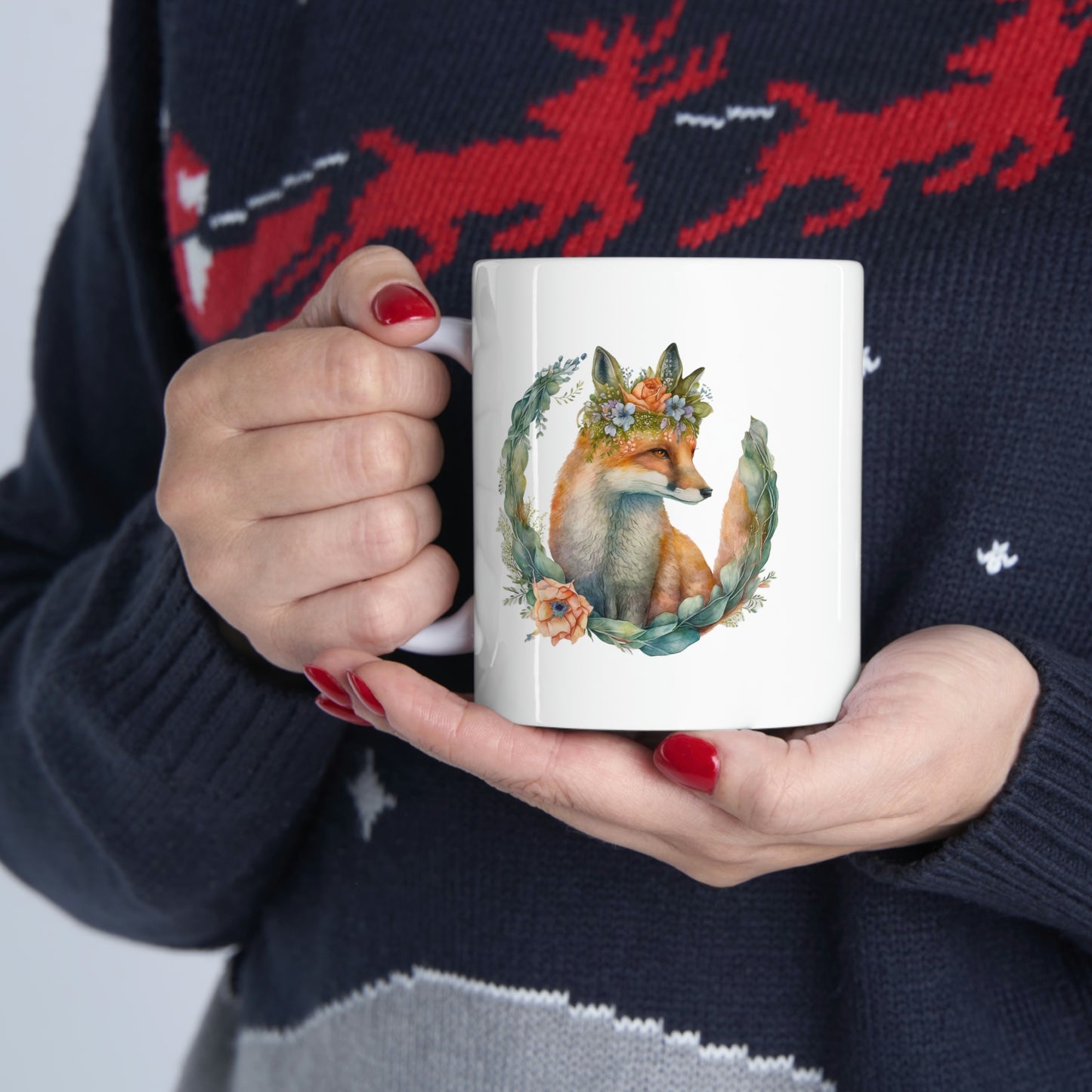 Spring Watercolor Fox Wreath Ceramic Mug 11oz