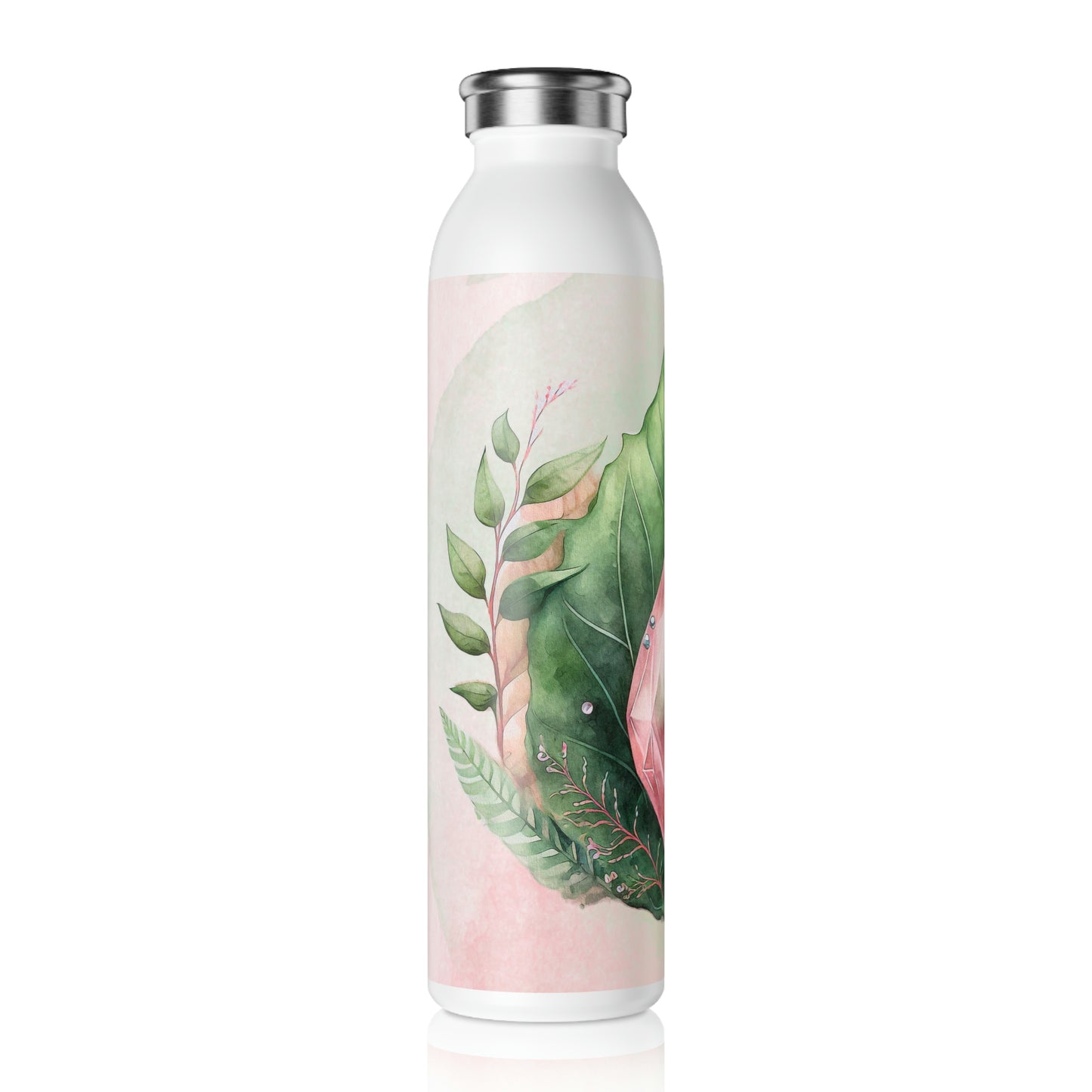 Pink Crystal on Green Leaves Watercolor Slim Water Bottle