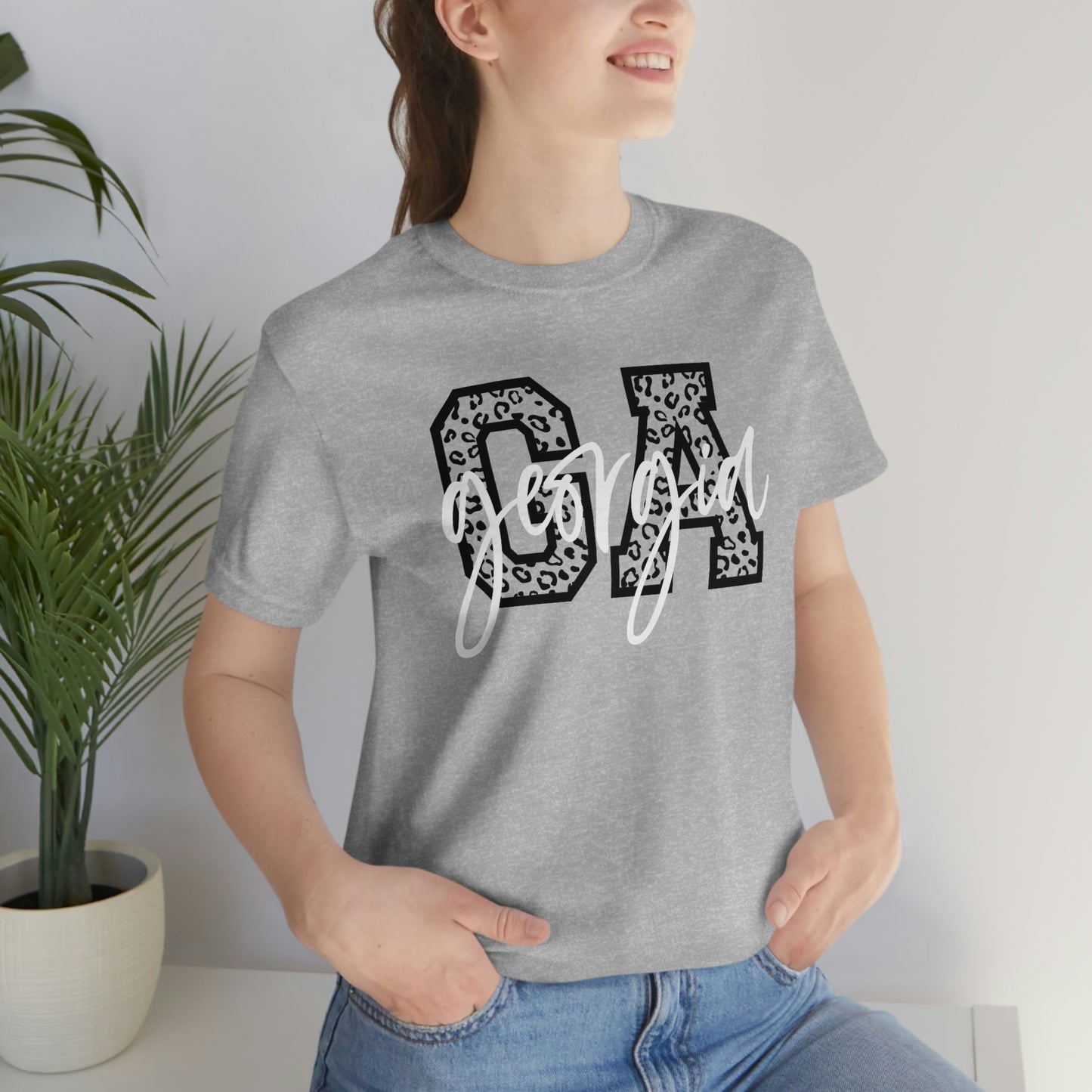 Georgia GA Leopard Print Letters White Script Short Sleeve T-shirt