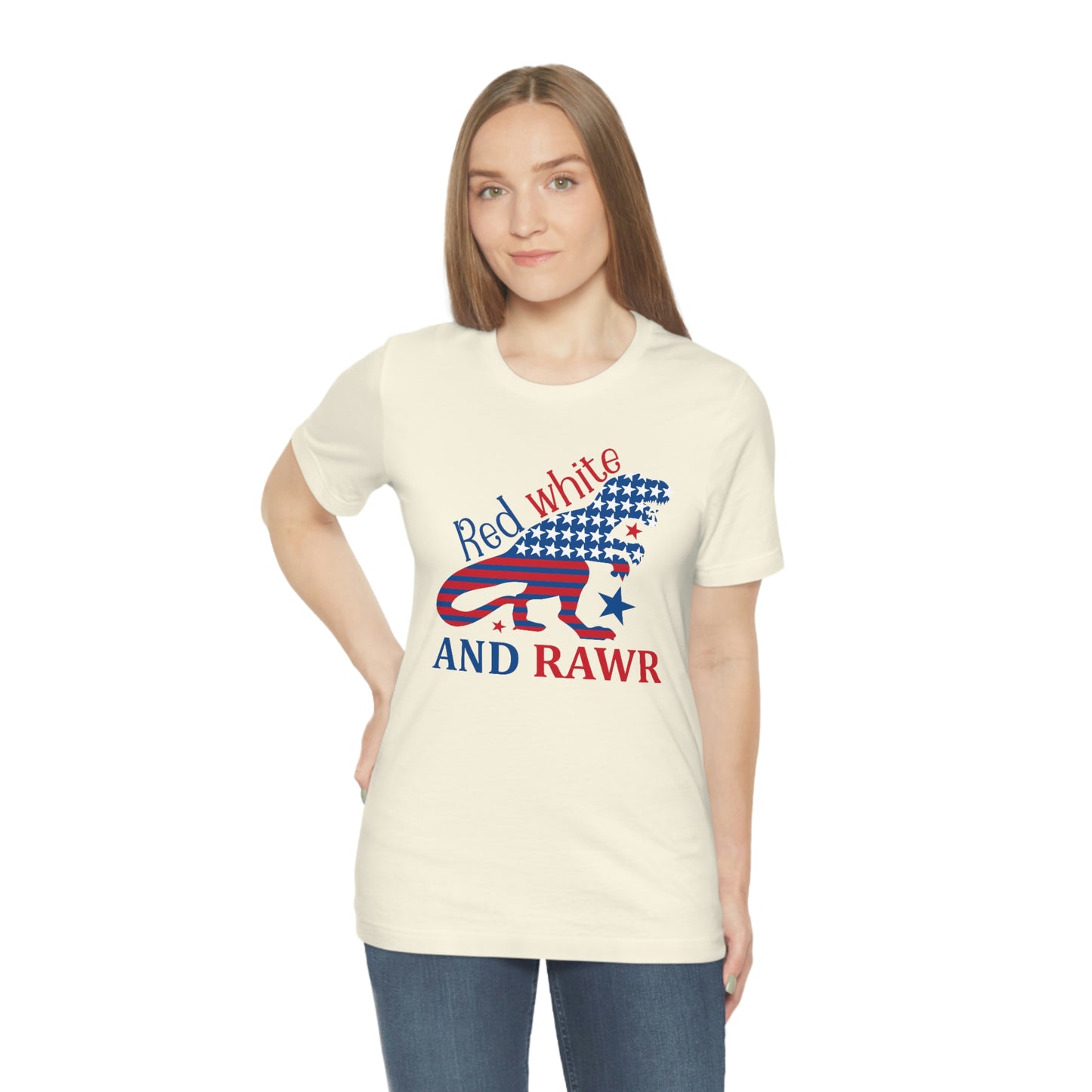 Red White Rawr Dinosaur 4th of July Unisex Jersey Short Sleeve Tee