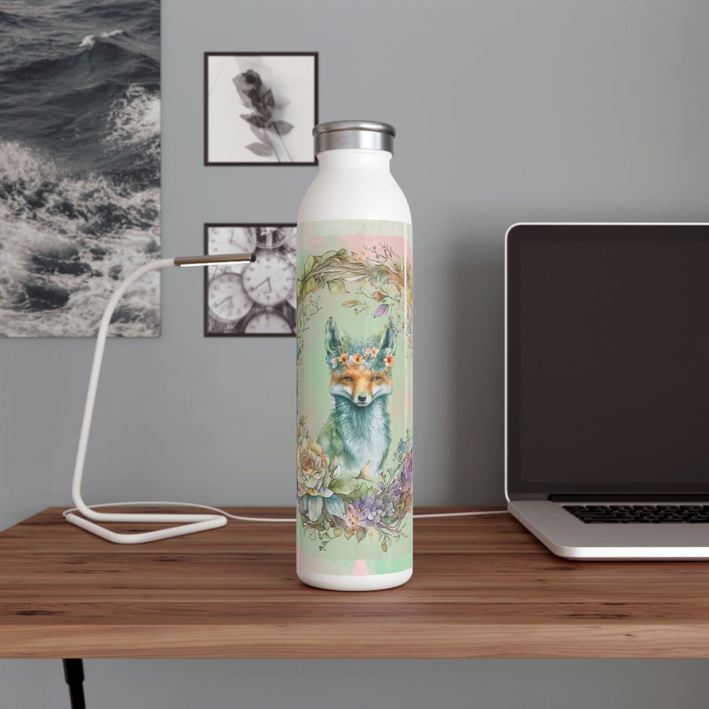 Spring Fox in Flower Wreath Watercolor Slim Water Bottle