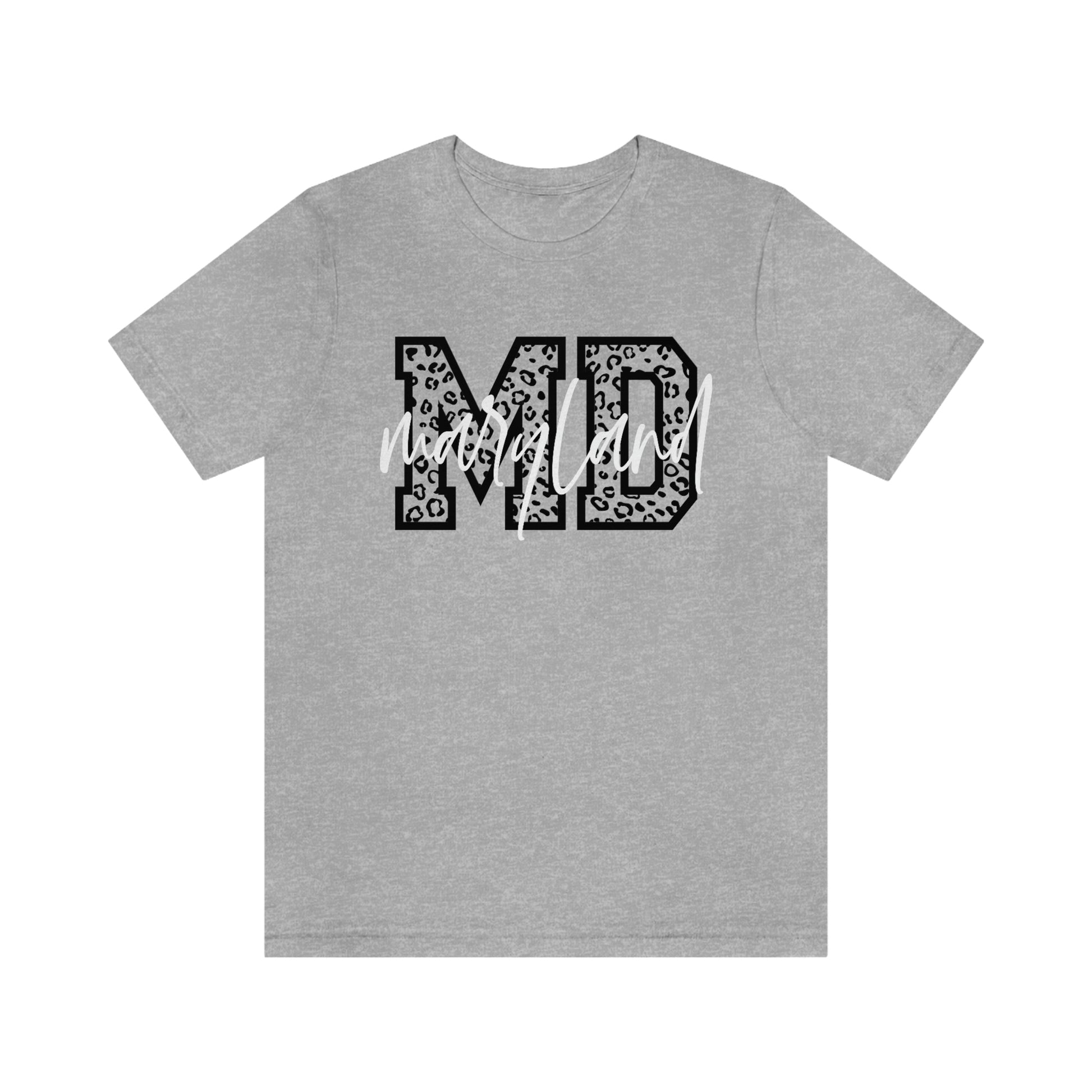 Maryland MD Leopard Print Letters White Script Short Sleeve T-shirt