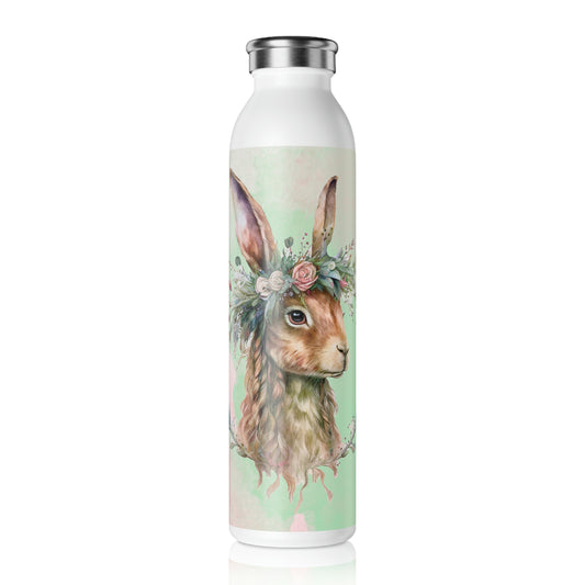 Spring Rabbit in Flower Wreath Watercolor Slim Water Bottle