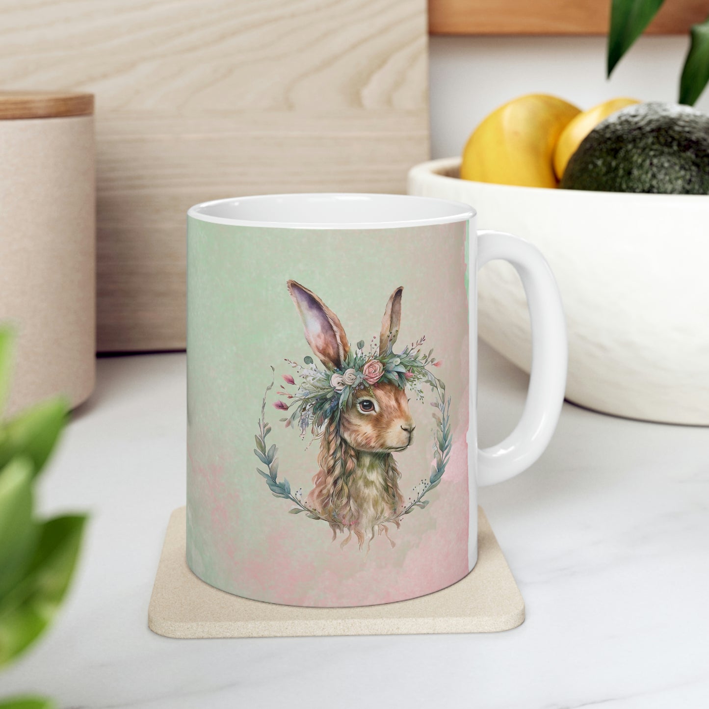 Rabbit in Flowers Watercolor Ceramic Mug 11oz