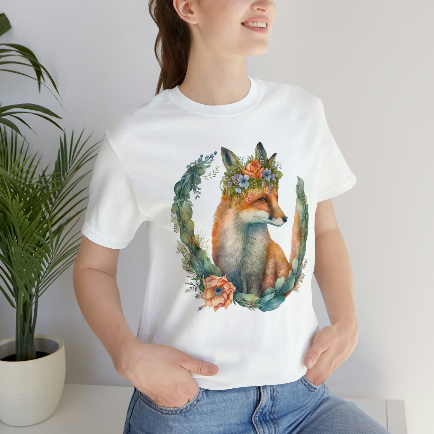 Watercolor Fox Peaking Through Wreath Short Sleeve T-shirt