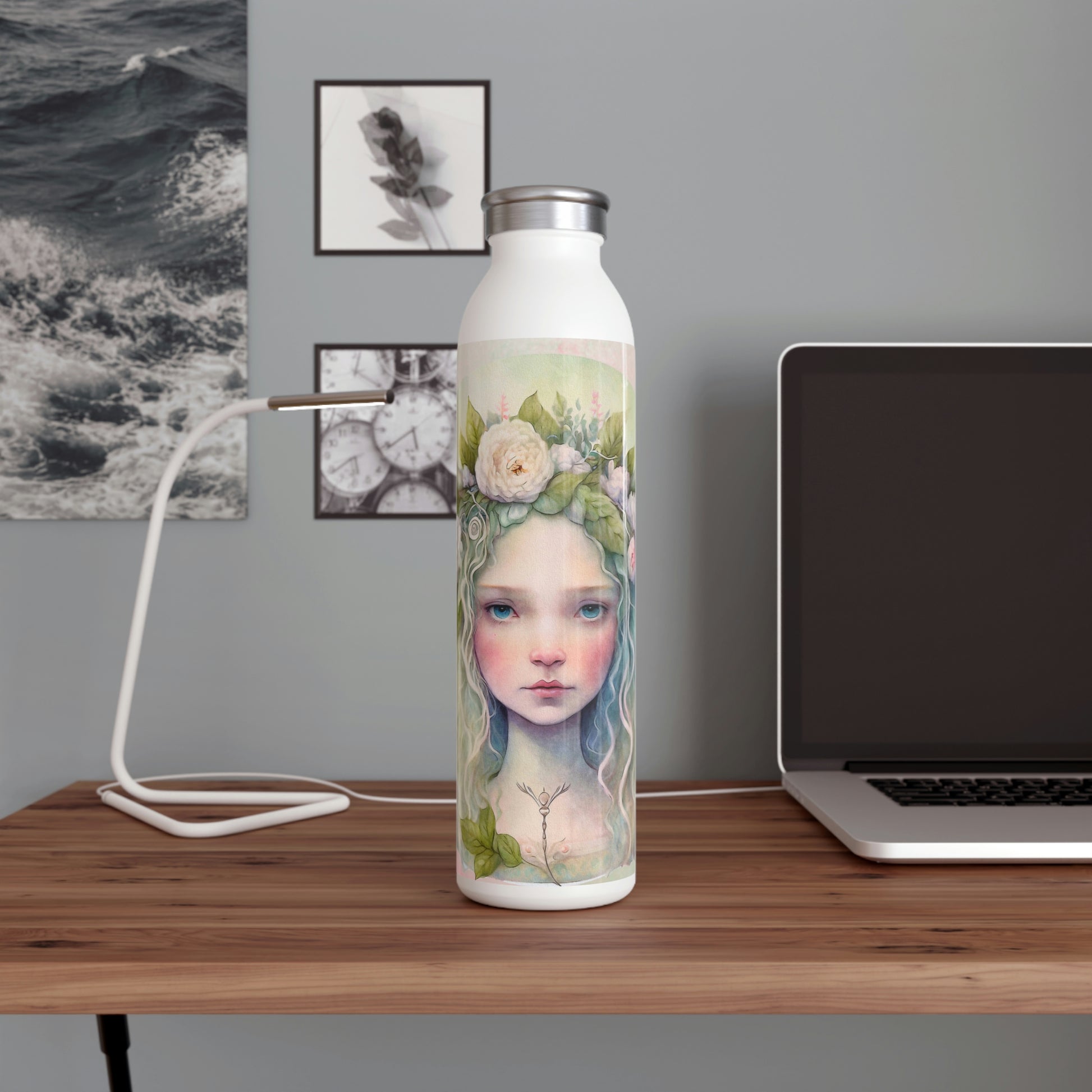 Girl Spring Flowers Watercolor Slim Water Bottle