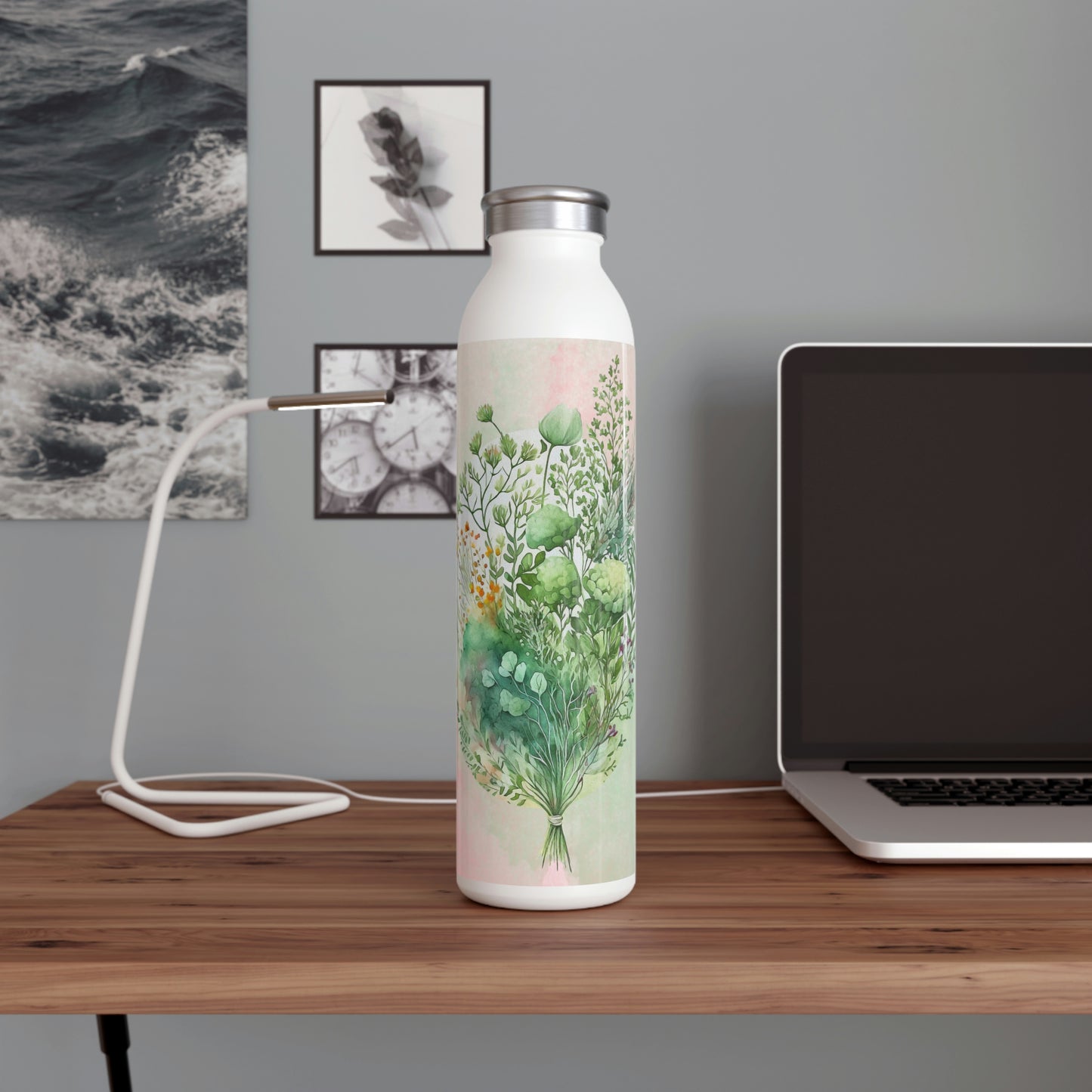 Spring Greenery Watercolor Slim Water Bottle