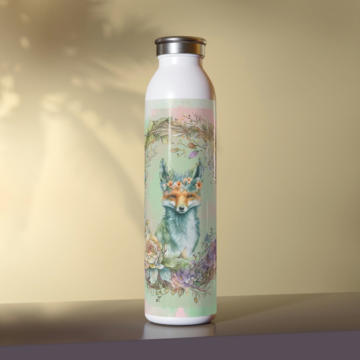 Spring Fox in Flower Wreath Watercolor Slim Water Bottle