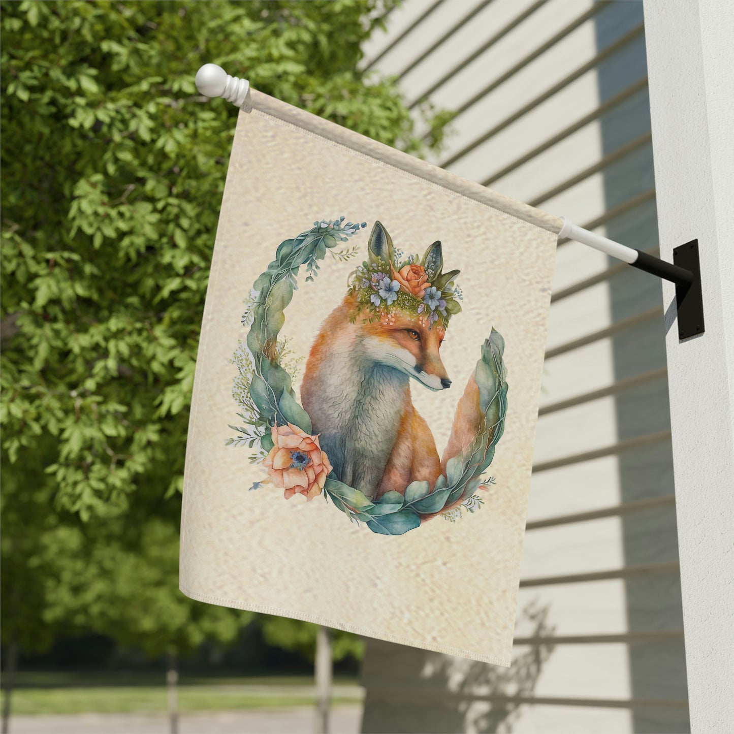 Watercolor Fox Peaking Through Wreath Garden & House Banner