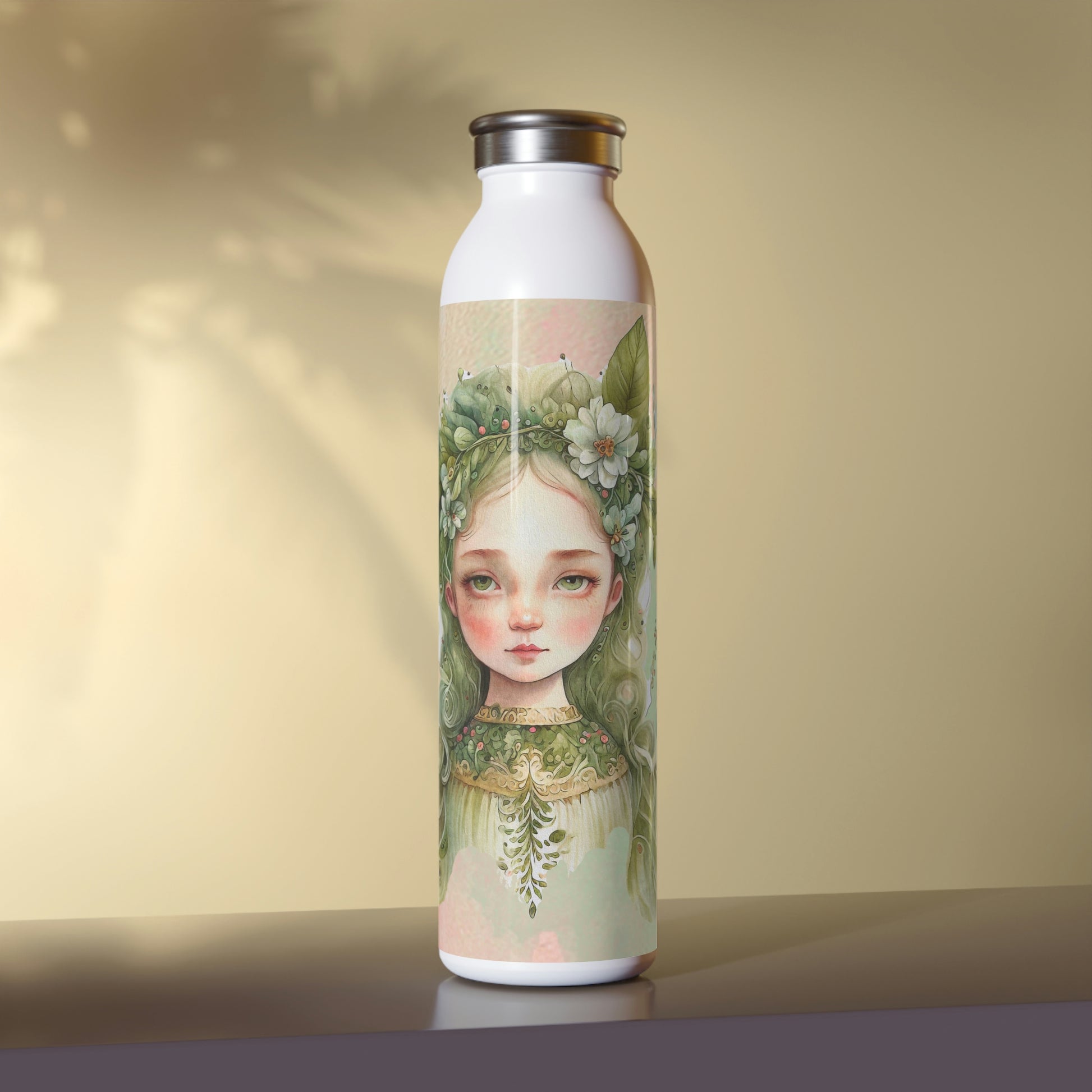 Girl Spring Flowers Watercolor Slim Water Bottle