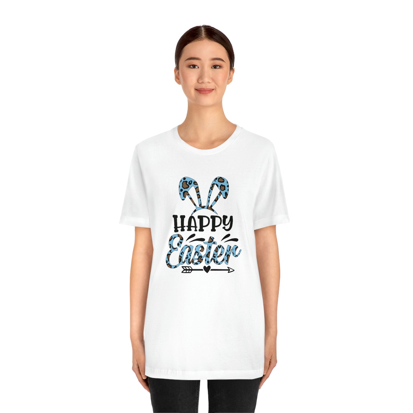 Happy Easter Bunny Ears Blue Leopard Print Unisex Jersey Short Sleeve Tee