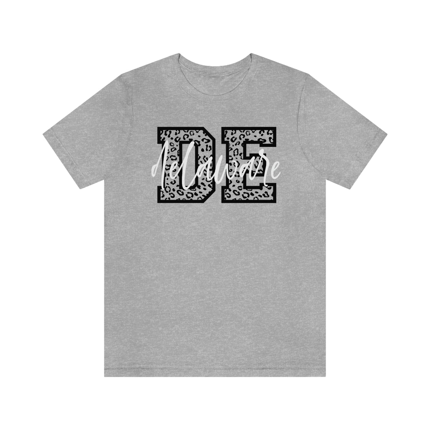 Delaware DE Leopard Print White Script Short Sleeve T-shirt