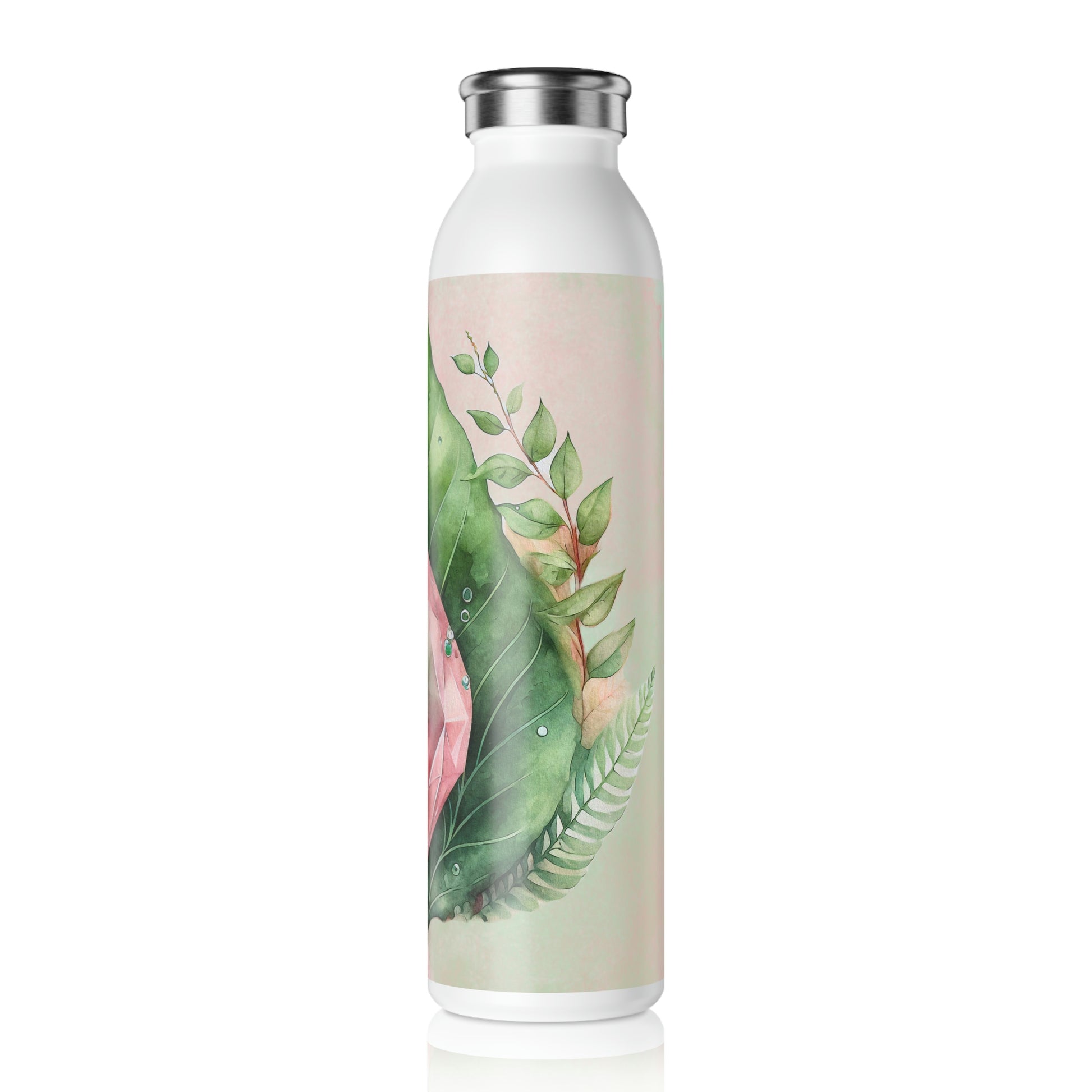 Pink Crystal on Green Leaves Watercolor Slim Water Bottle