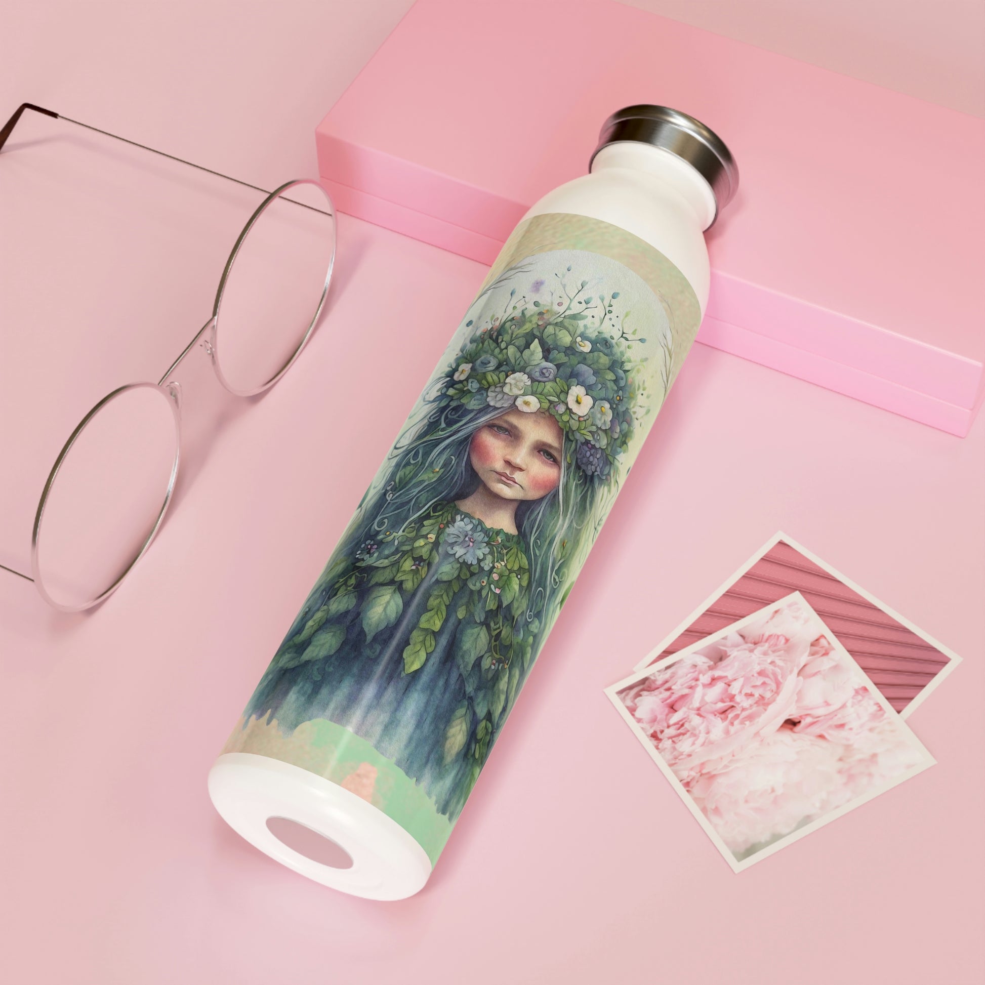 Girl Spring Flowers Watercolor Slim Water Bottle