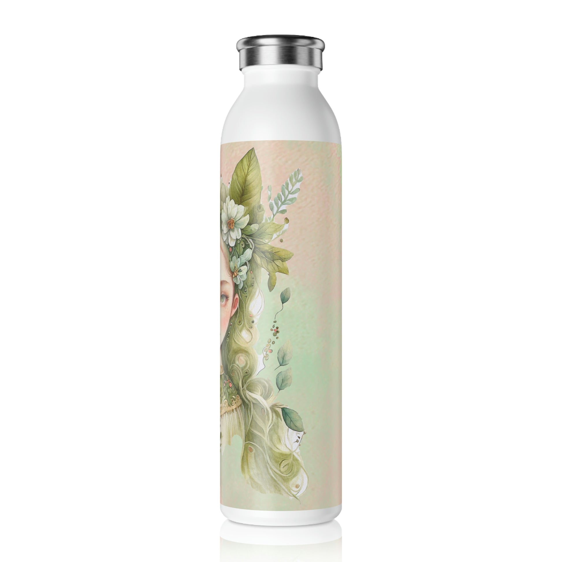 Girl Spring Flowers Watercolor Slim Water Bottle