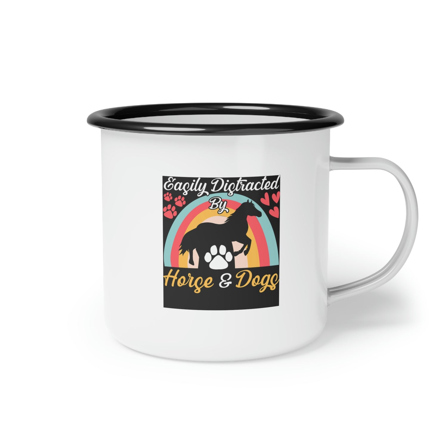 Easily Distracted Horse by Dogs White Enamel Camp Cup