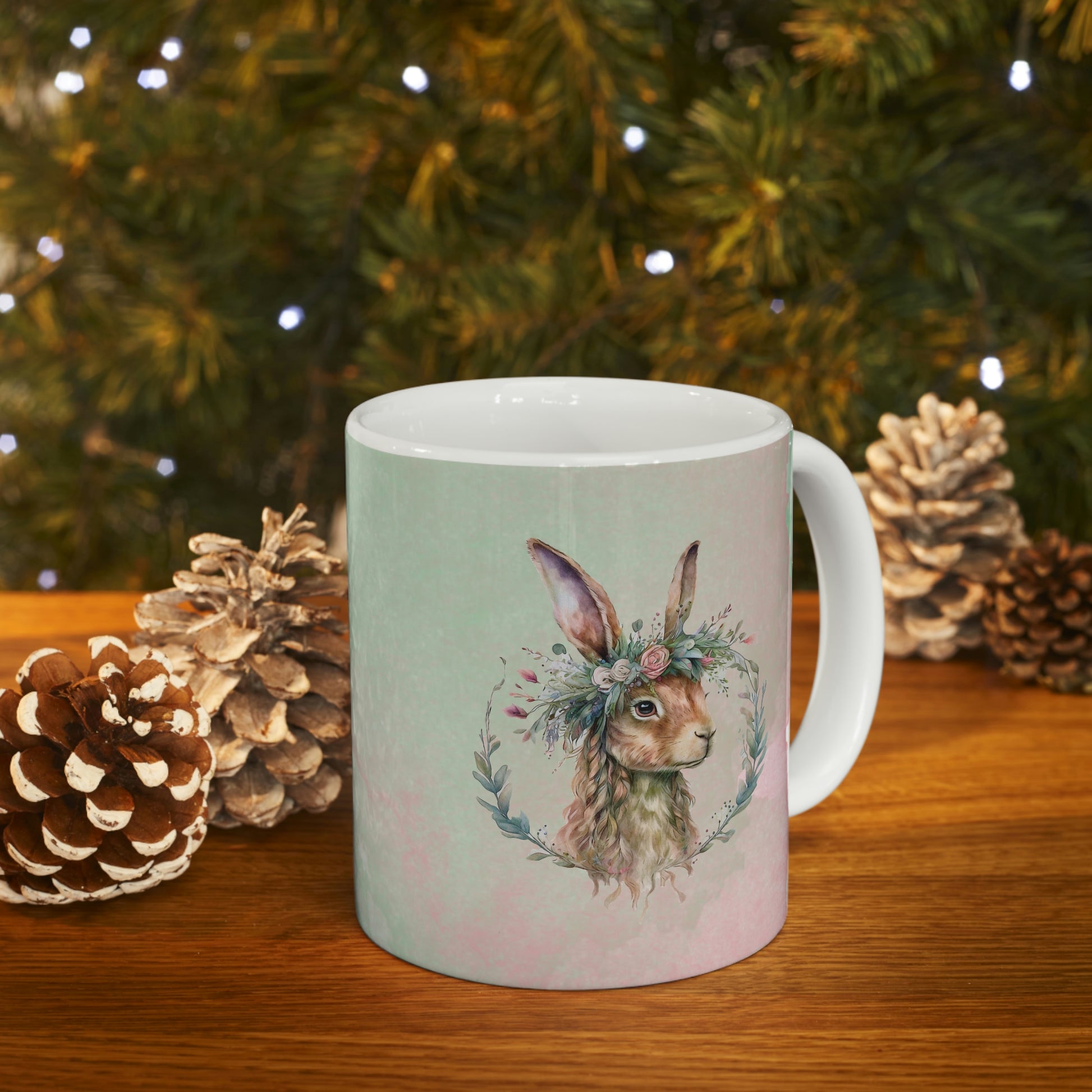 Rabbit in Flowers Watercolor Ceramic Mug 11oz