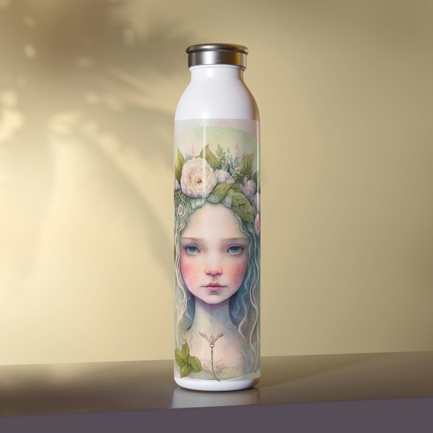 Girl Spring Flowers Watercolor Slim Water Bottle