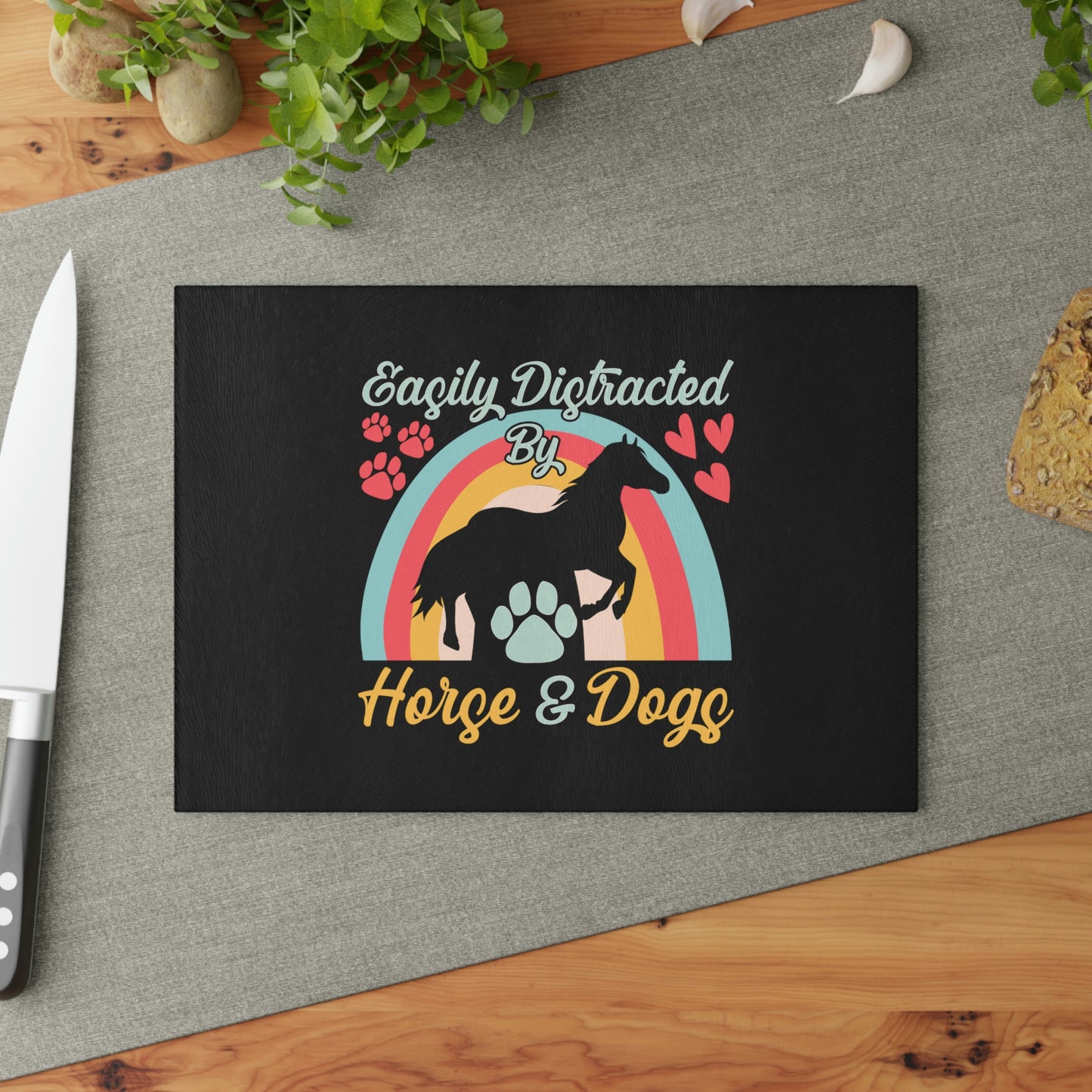 Easily Distracted by Horse and Dogs Glass Cutting Board