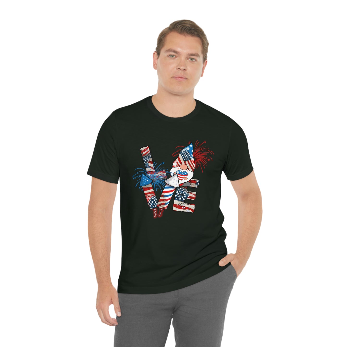 Love Rockets Gnome 4th of July Independence Day Unisex Jersey Short Sleeve Tee