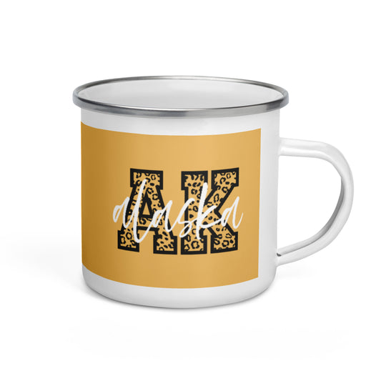 Alaska AK Leopard Print White Script Enamel Mug