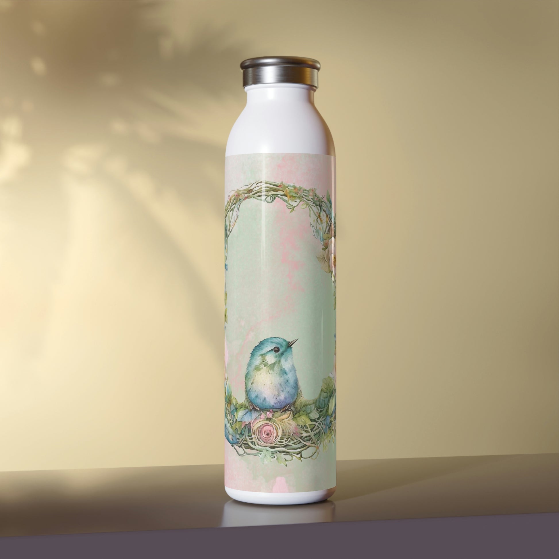 Spring Bird in Wreath Watercolor Slim Water Bottle